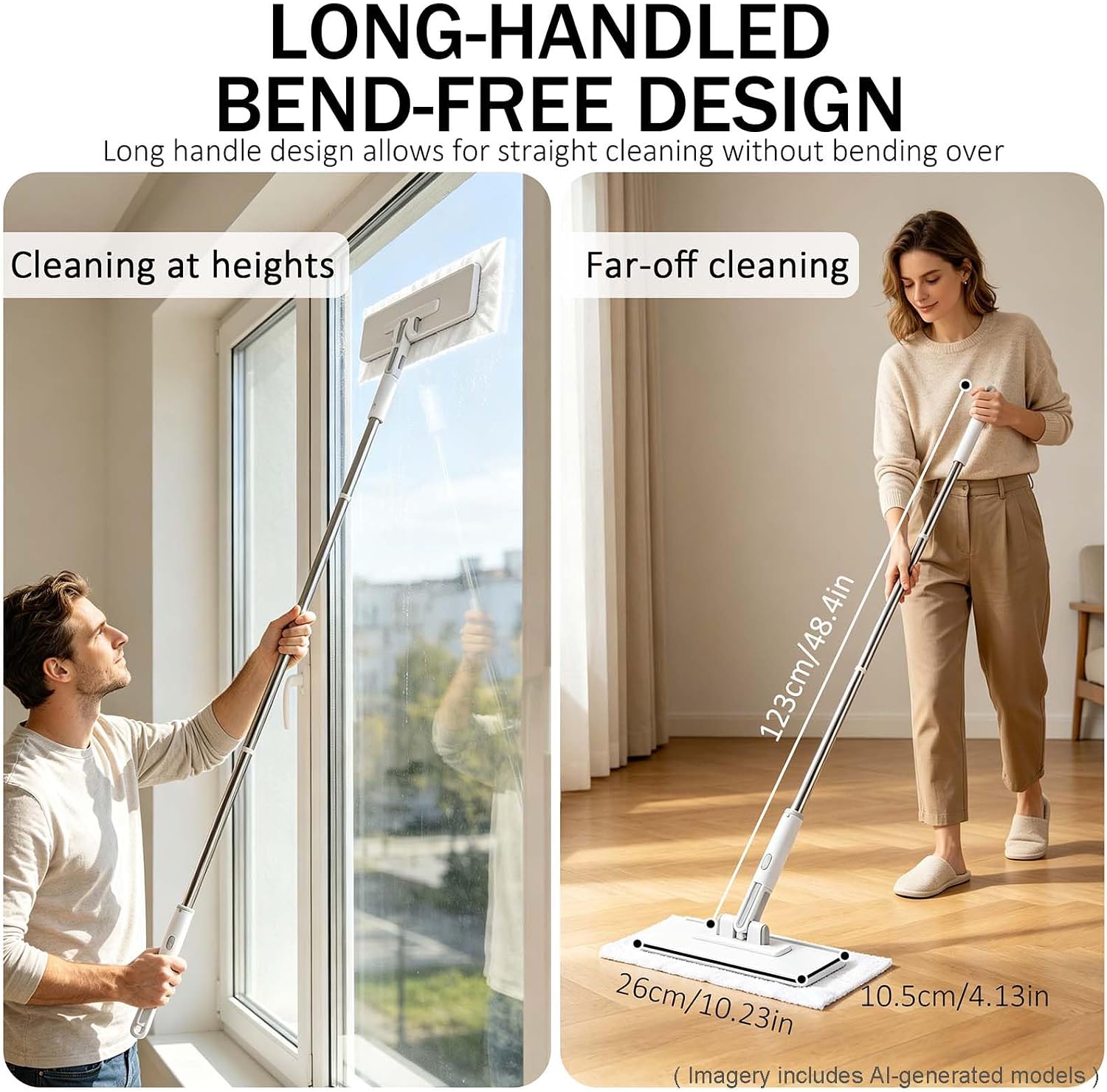 10.2x4.1x49.2 Hands Free Multipurpose Flat Mop, Zero Touch Snap Grip Mop, Auto Clamp & One-Click Release, Long Handle to Save Your Back, 360° Rotation Head, Dry Wet Use, Fits Any Cloth (Set A)