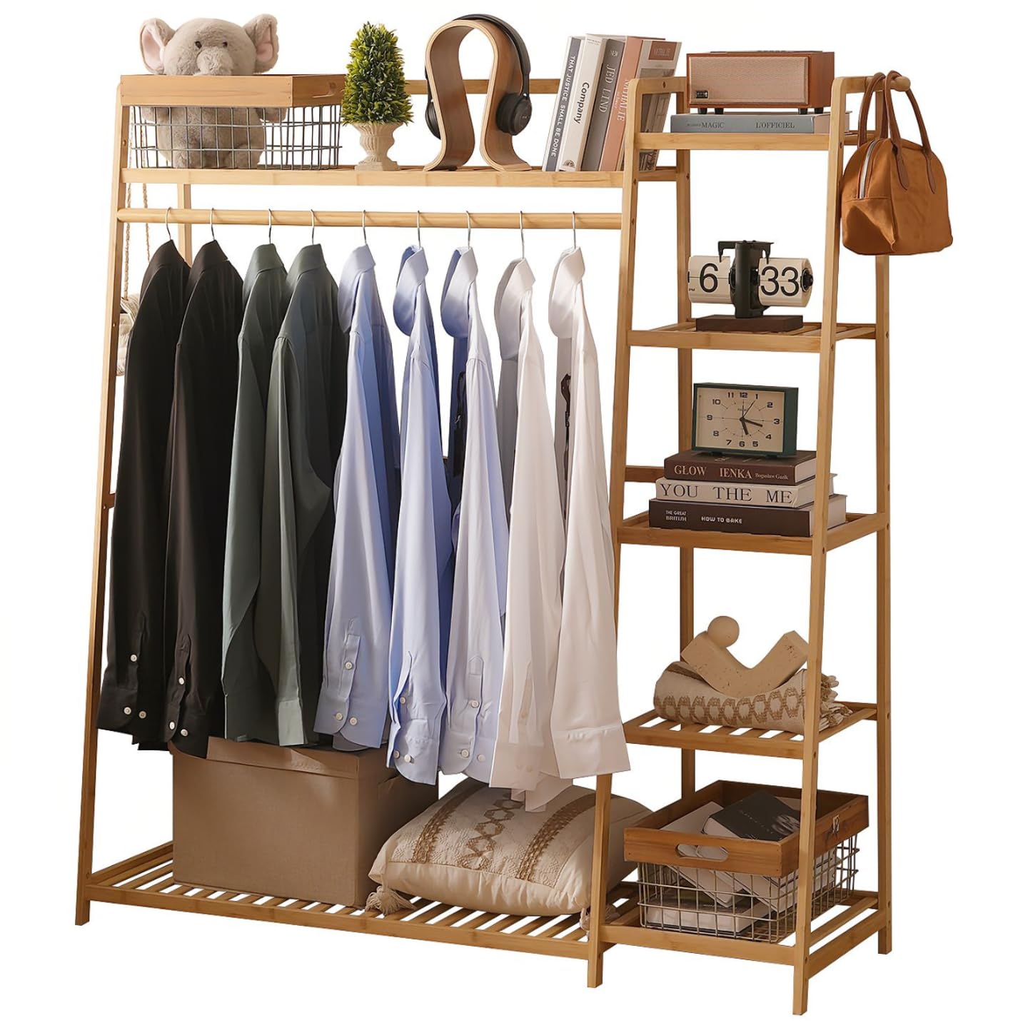 Baveke Bamboo Clothing Garment Rack Frame Made of FSC-Certified Bamboo, 7 Tier Storage Shelf Coat Clothes Hanging Rack, Portable Wardrobe Closet