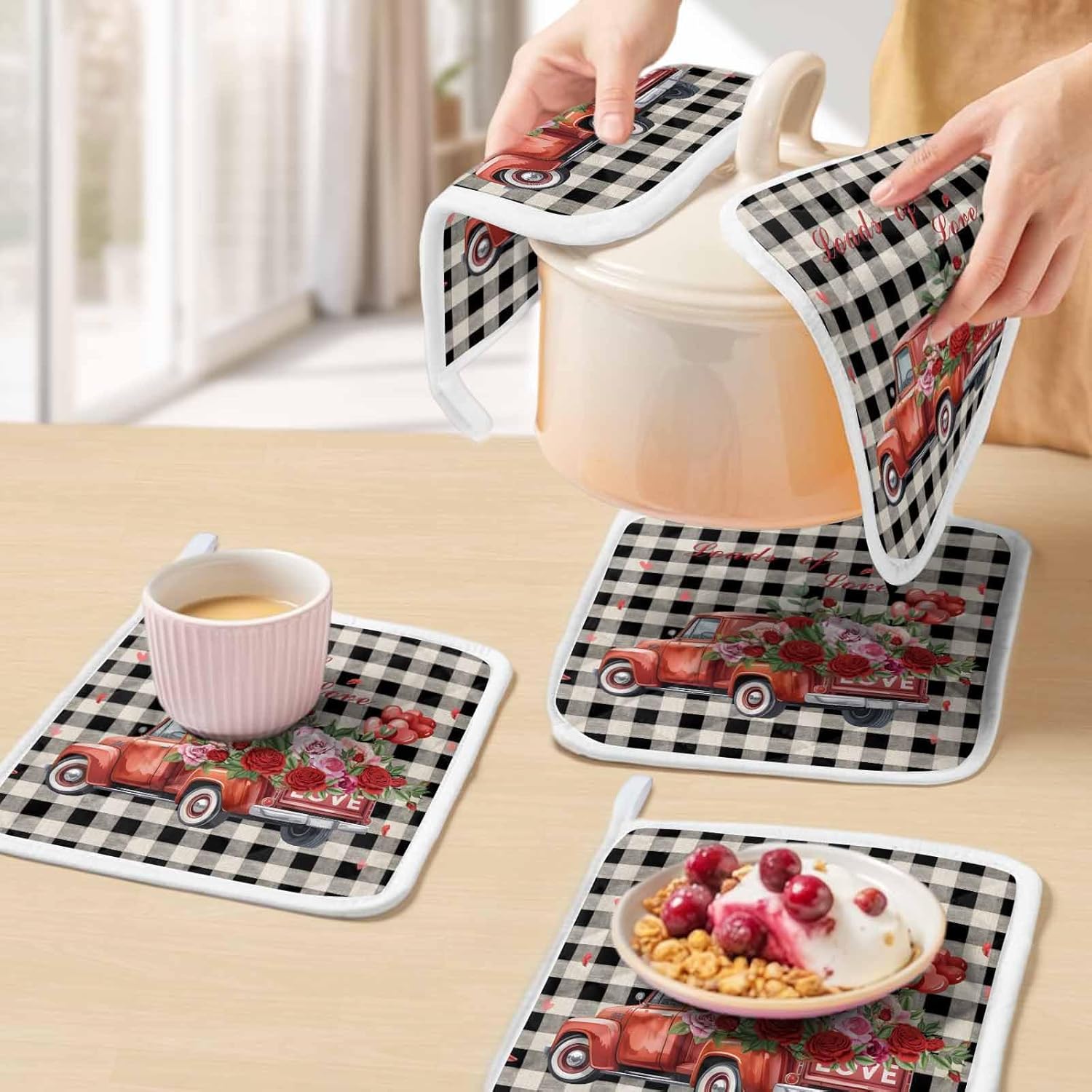 5 Pack Pot Holders Heat Insulation Hot Pads,Valentine Retro Farm Truck and Roses Washable Oven Pot Holder Set for Kitchen Black White Buffalo Plaid Potholders for Baking Cooking Dining Table