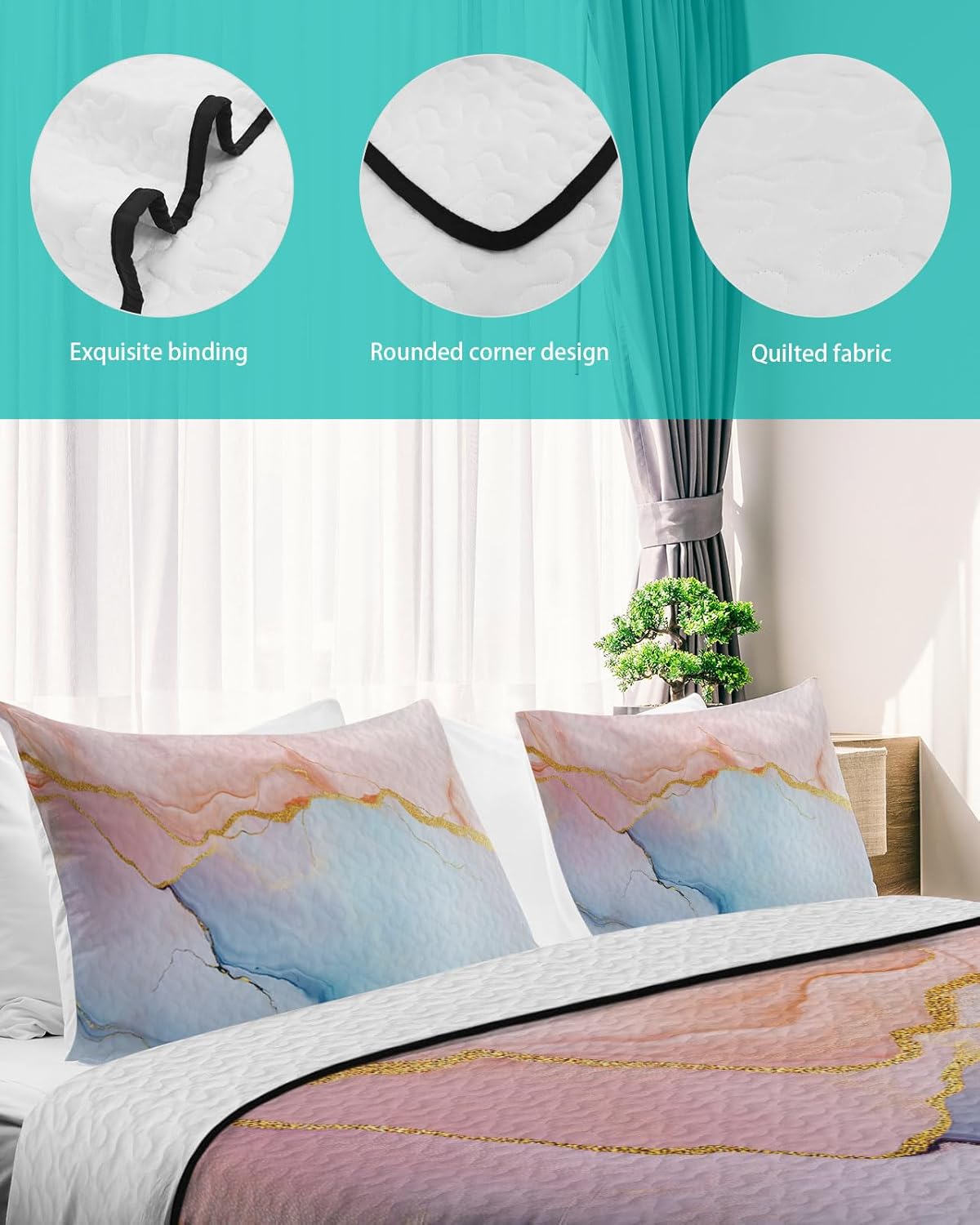 Queen Size Quilt Set, Geometric Golden Wave Line Lightweight Bedspread Coverlet Set Soft Microfiber Summer Quilt with 2 Pillow Shams, Abstract Pink Blue Art 3 Piece Comforter Bedding Set