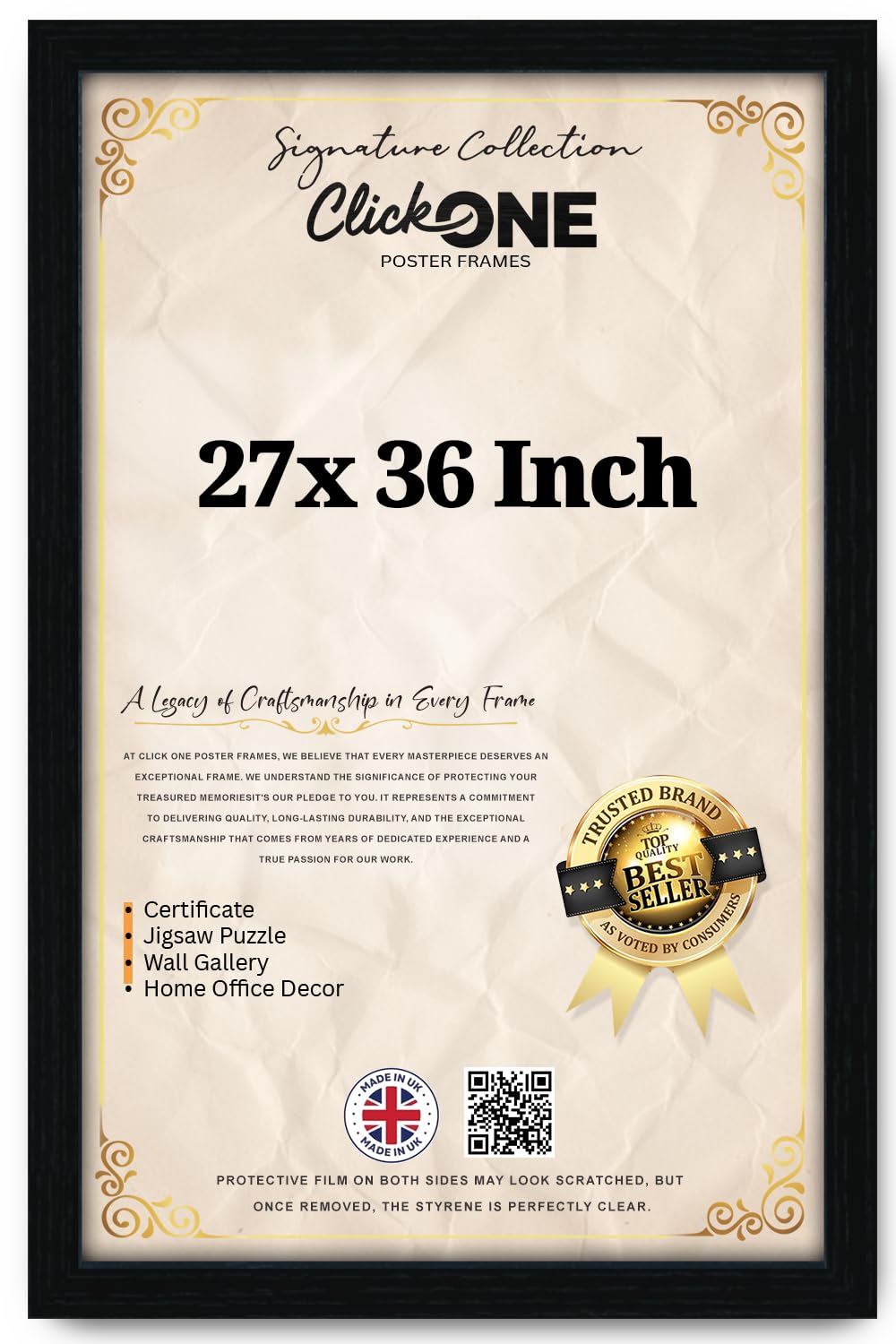 Click One Large Poster Frame 27 x 36 Inches Large Picture Frames Shatter-Resistant Perspex Portrait & Landscape Display Frames for Wall Decoration Canvas Paintings Art Gallery (27 x 36'')