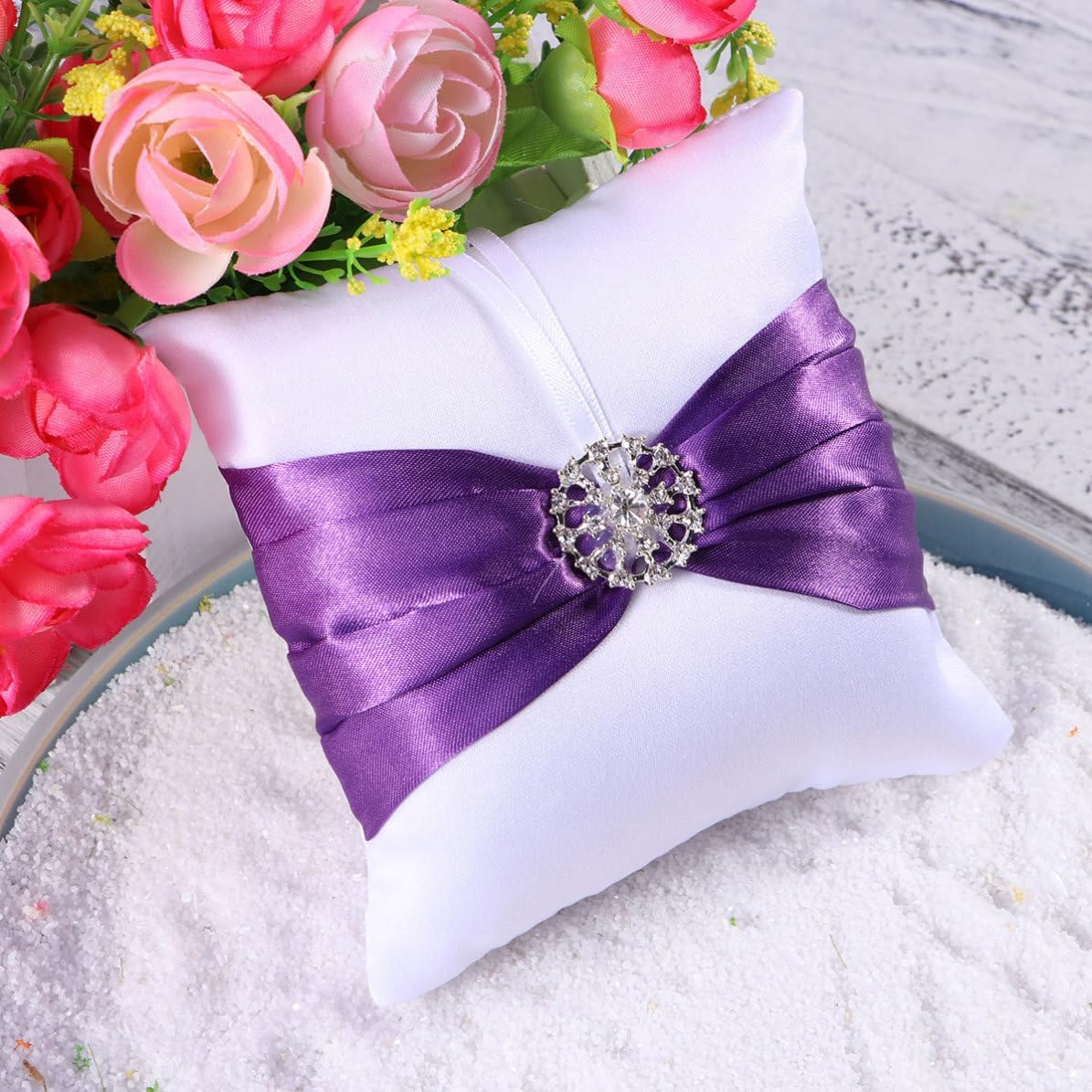 Cloth Wedding Ring Bearer Pillow Purple Crystal Decor 10x10cm
