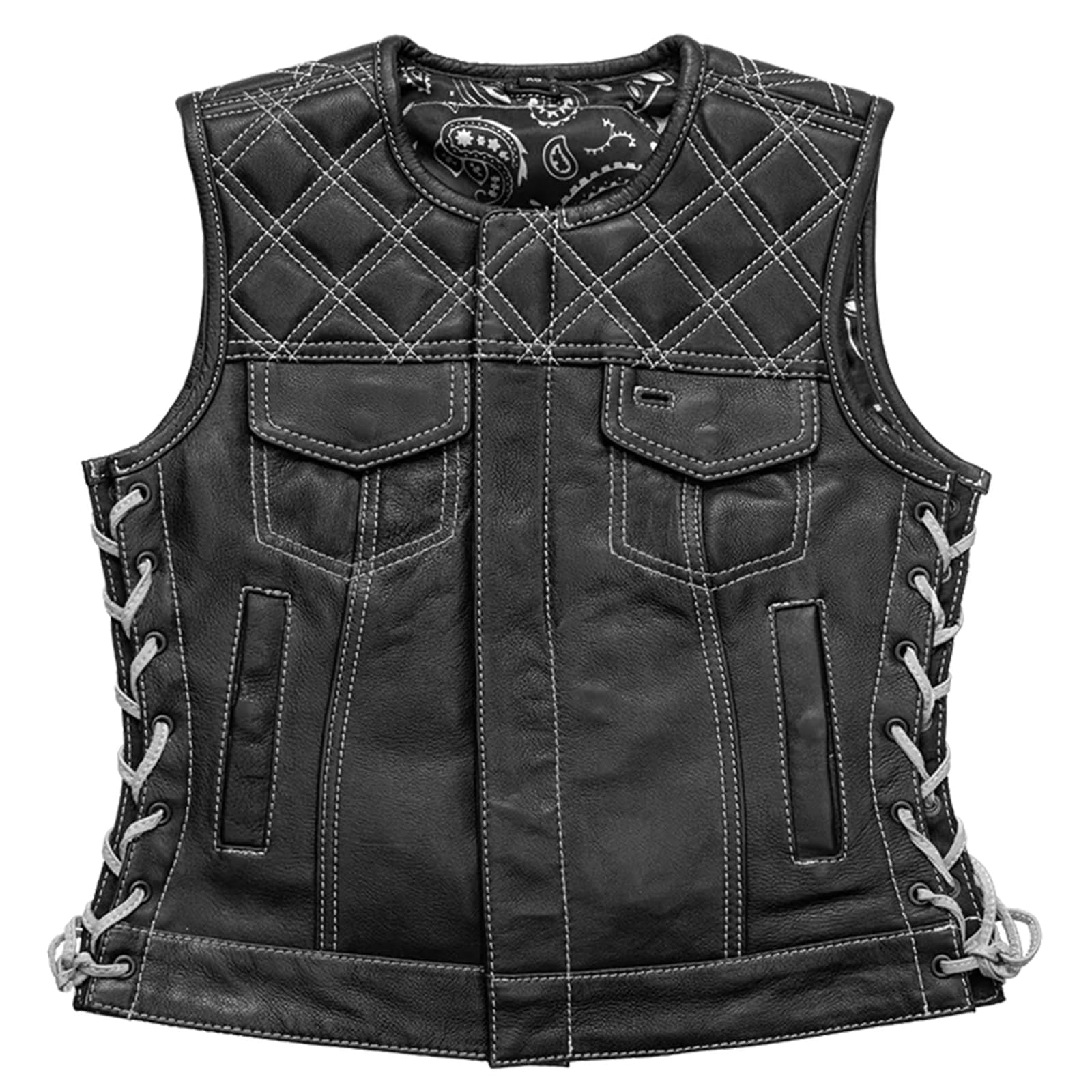 First Mfg Co Bonnie Women's Leather Vest - Limited Edition, Diamond Naked Cowhide, Roll-Up Collar, Conceal Carry Pockets, Quilted Shoulders, 3 Stitch Colors, YKK Zipper