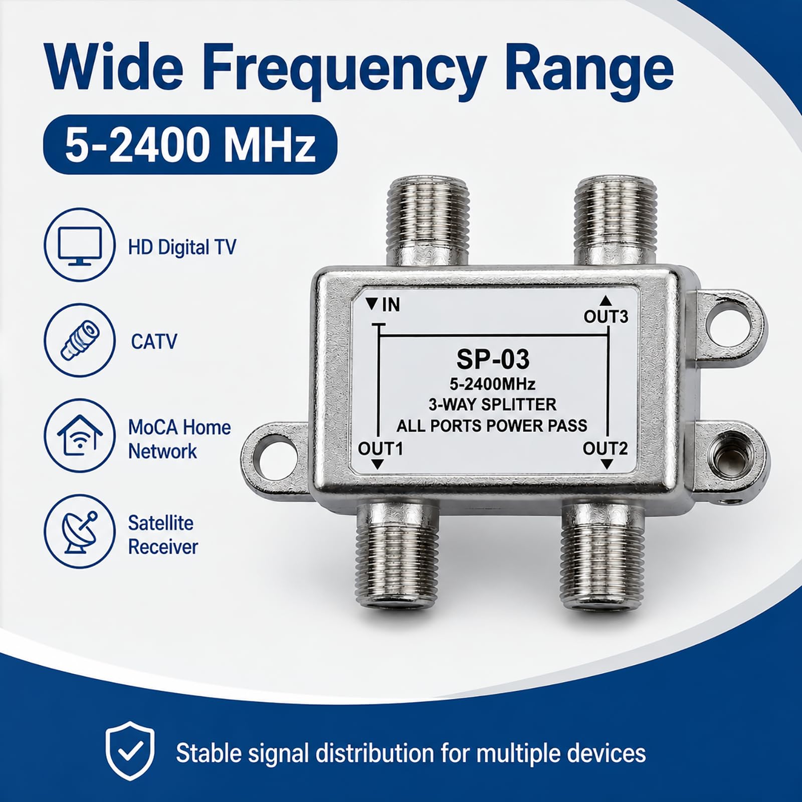 SAT Verteiler 3 Fach, 3 Wege SAT Verteiler F Stecker 5-2400 MHz für DVB-S, DVB-S2, DVB-C, DVB-C2, TV, Radio, Receiver, HDTV UHD 4K kompatibel mit Metallgehäuse, DC Durchgang für Satellitenanlage
