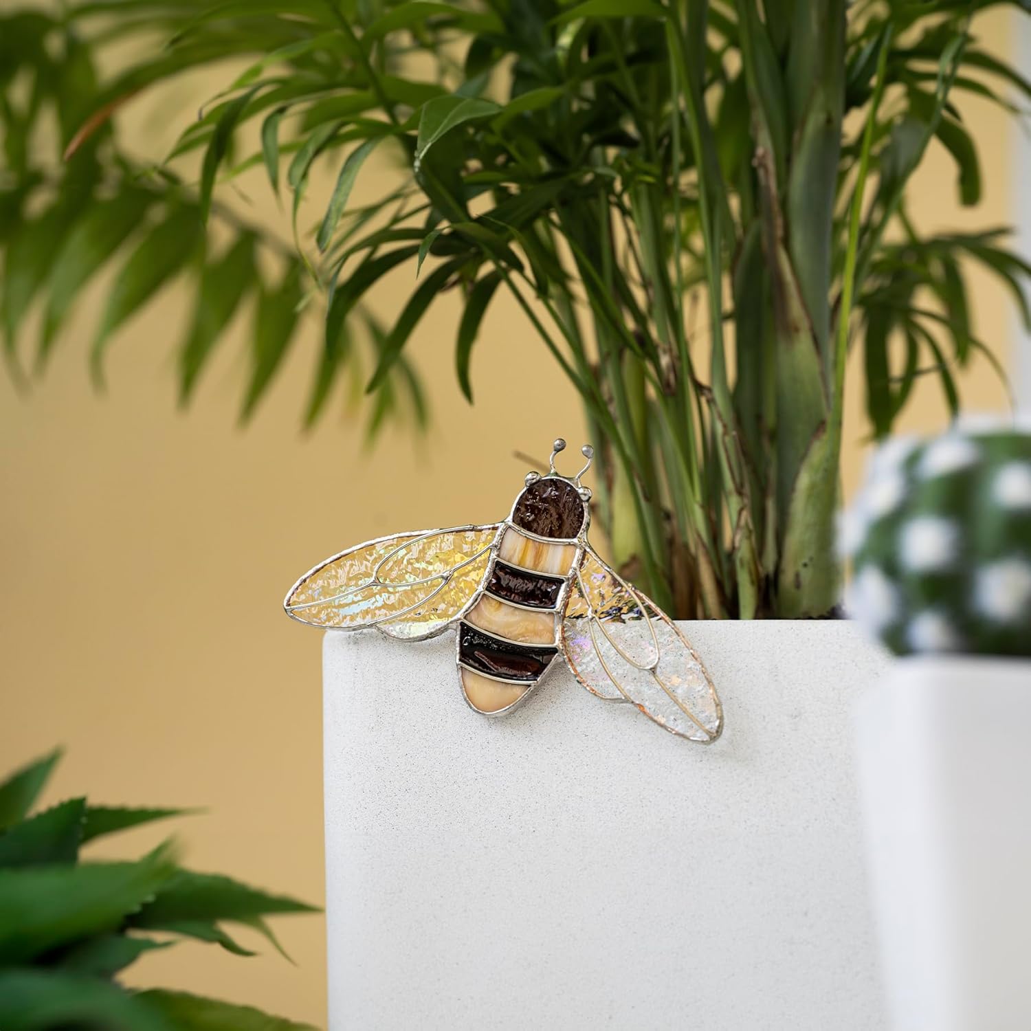 Stained Glass Bee Suncatcher - Garden Planter Decor - Bee Ornament - Handcrafted Stained Glass Bee - Planter Bee - Flower Pot Decor - Gift for Her