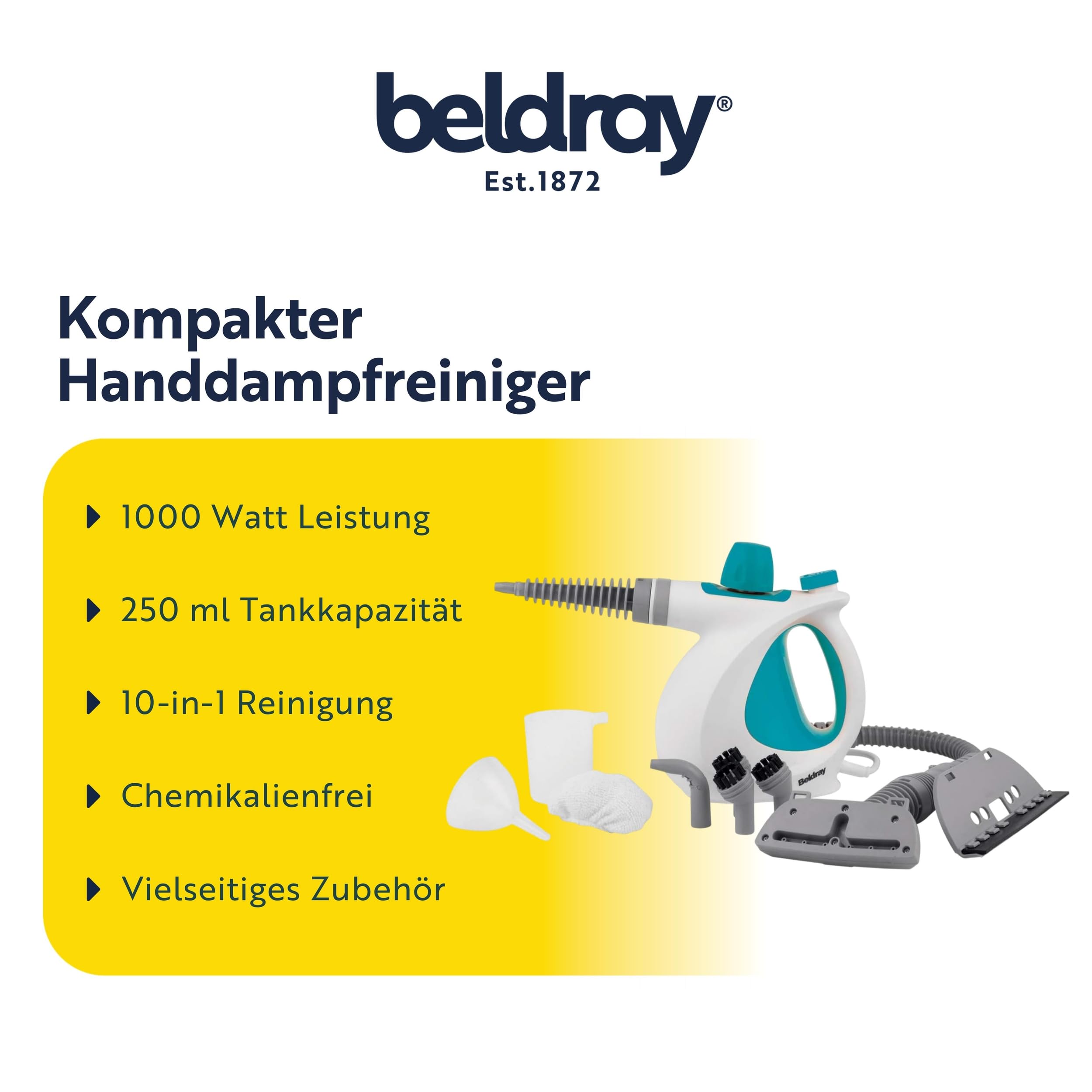 Beldray 10-in-1 Dampfreiniger Handgerät für Badfliesen Spiegel Fenster mit europäischem Stecker, 1000 W effektiv Tötet Haushaltsbakterien - Türkis