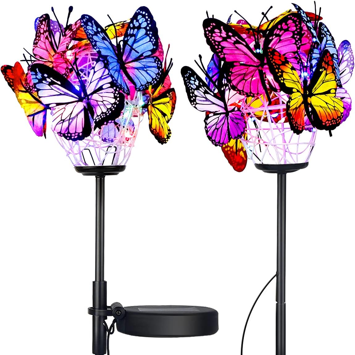 WOSPORTS Solar Lights Outdoor Decorative, 2 Packs Solar Garden Decor Lights with Multi-Color, Solar Powered Butterfly Stakes Lights with Copper String for Patio, Lawn, Garden, Yard Decoration