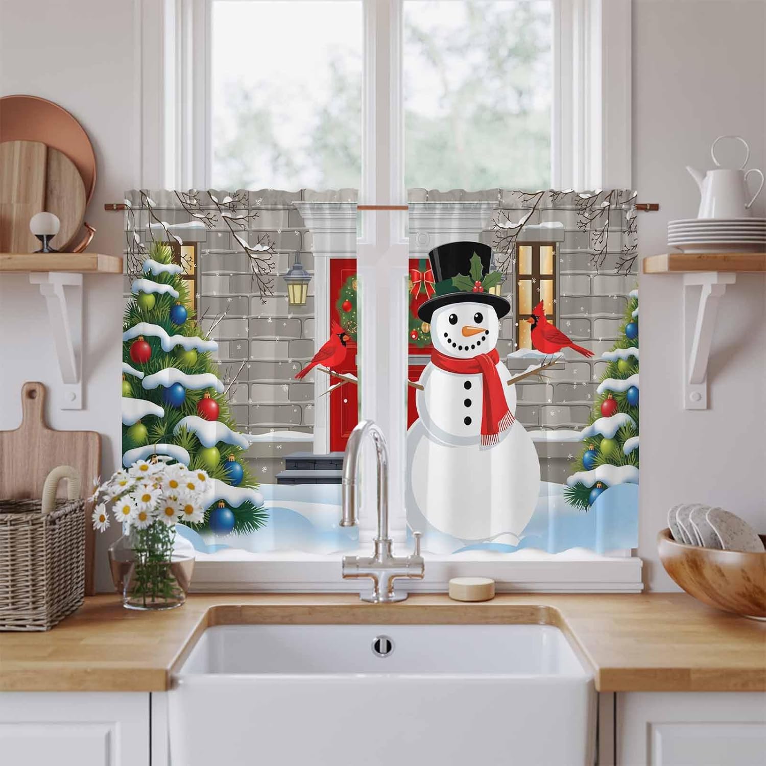 Christmas Snowman Kitchen Tier Curtains 45 Inch Long 2 Panel Set,Rod Pocket Short Window Treatment,Winter Cardinal Xmas Trees Snowflakes Curtains & Drapes for Bathroom Basement 27.5"W x 45"L