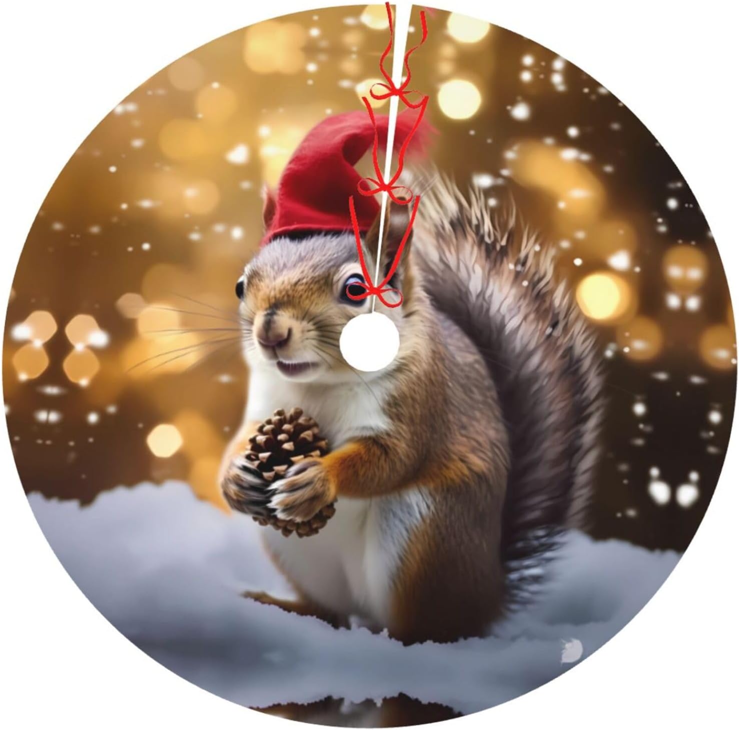 Christmas Squirrel Christmas Tree Skirt with Ties - Double Layer Holiday Tree Mat with Non-Slip Bottom for Xmas Decorations