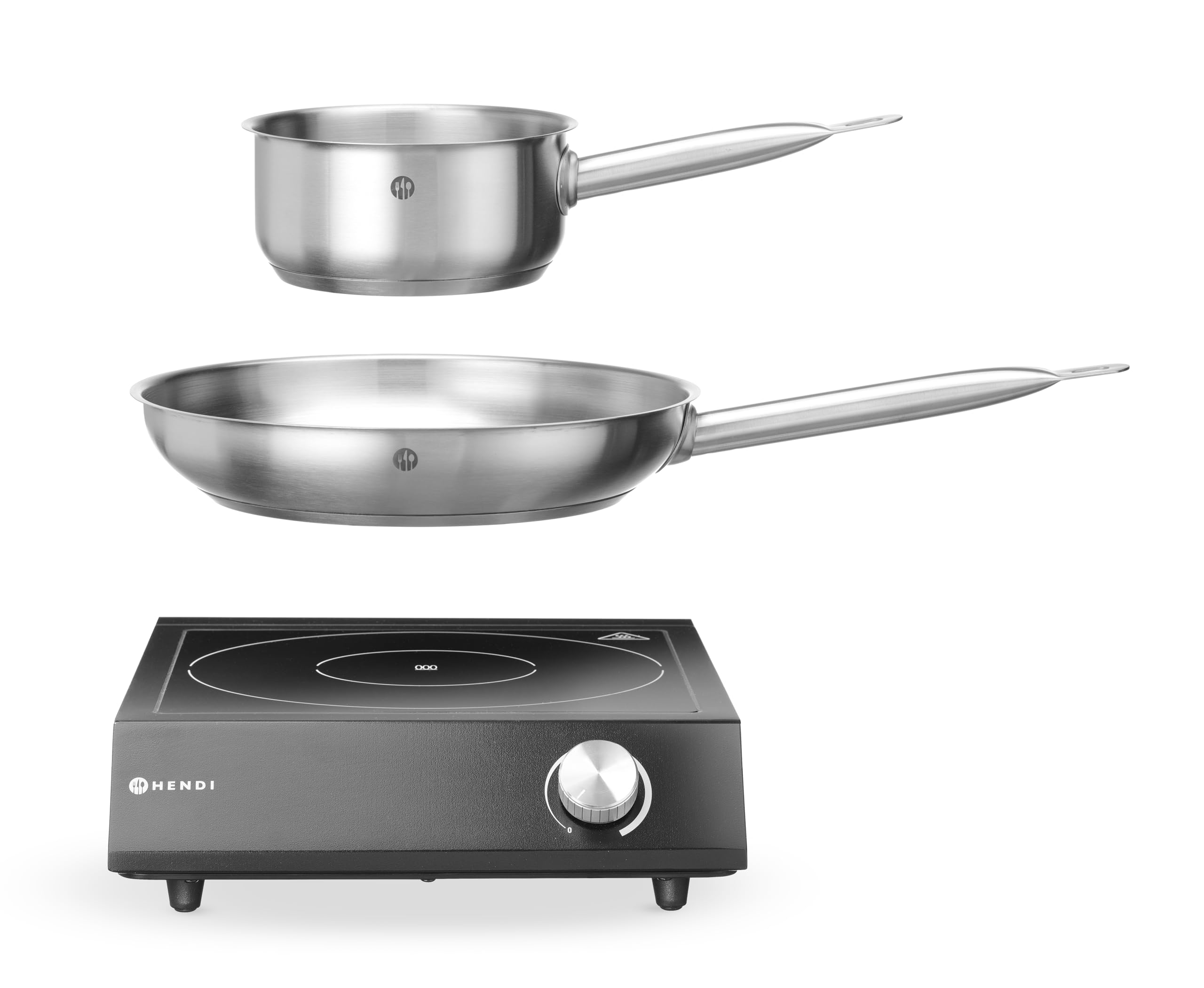 HENDI Plaque de cuisson à induction de table avec poêle et casserole, commande par bouton, 31 niveaux de puissance, 230V/3500W, 320x395x(H)95mm, verre, fer, acier inoxydable