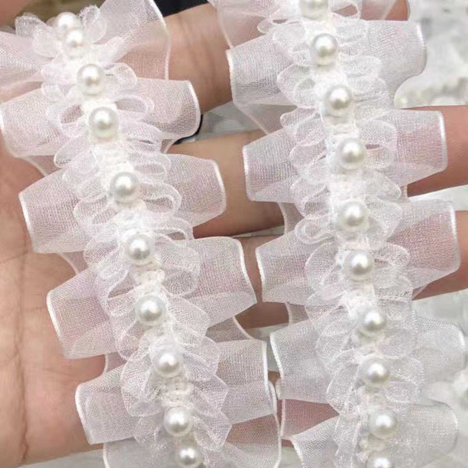 Ribete de encaje, ribete de encaje de tul blanco bordado con patrón floral, apliques de volantes de costura para collares y decoración de vestidos (3 yardas)