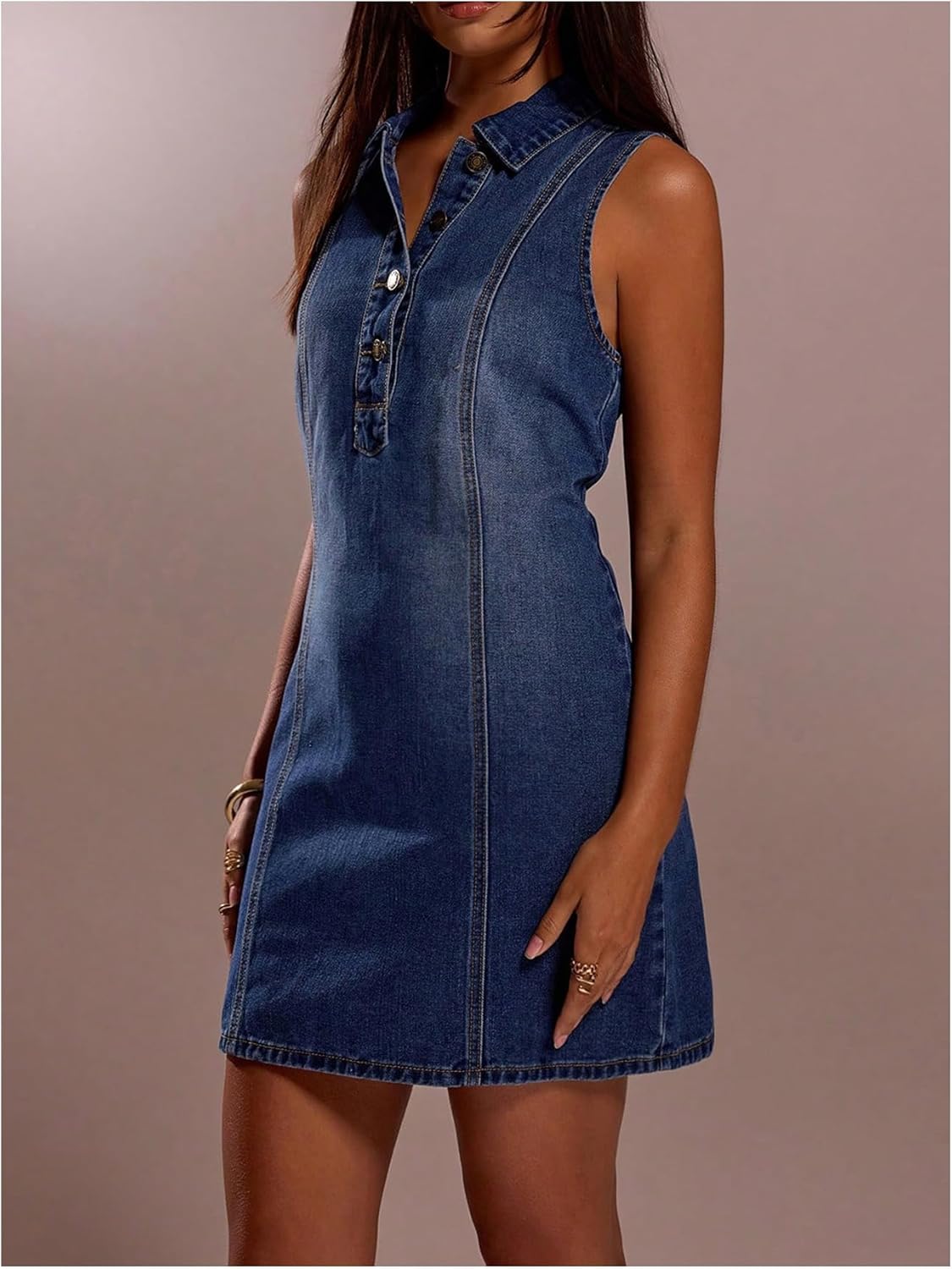 MakeMeChic Women's Sleeveless Denim Mini Dress Button Front Collared Summer Jean Tank Dresses - Image 2