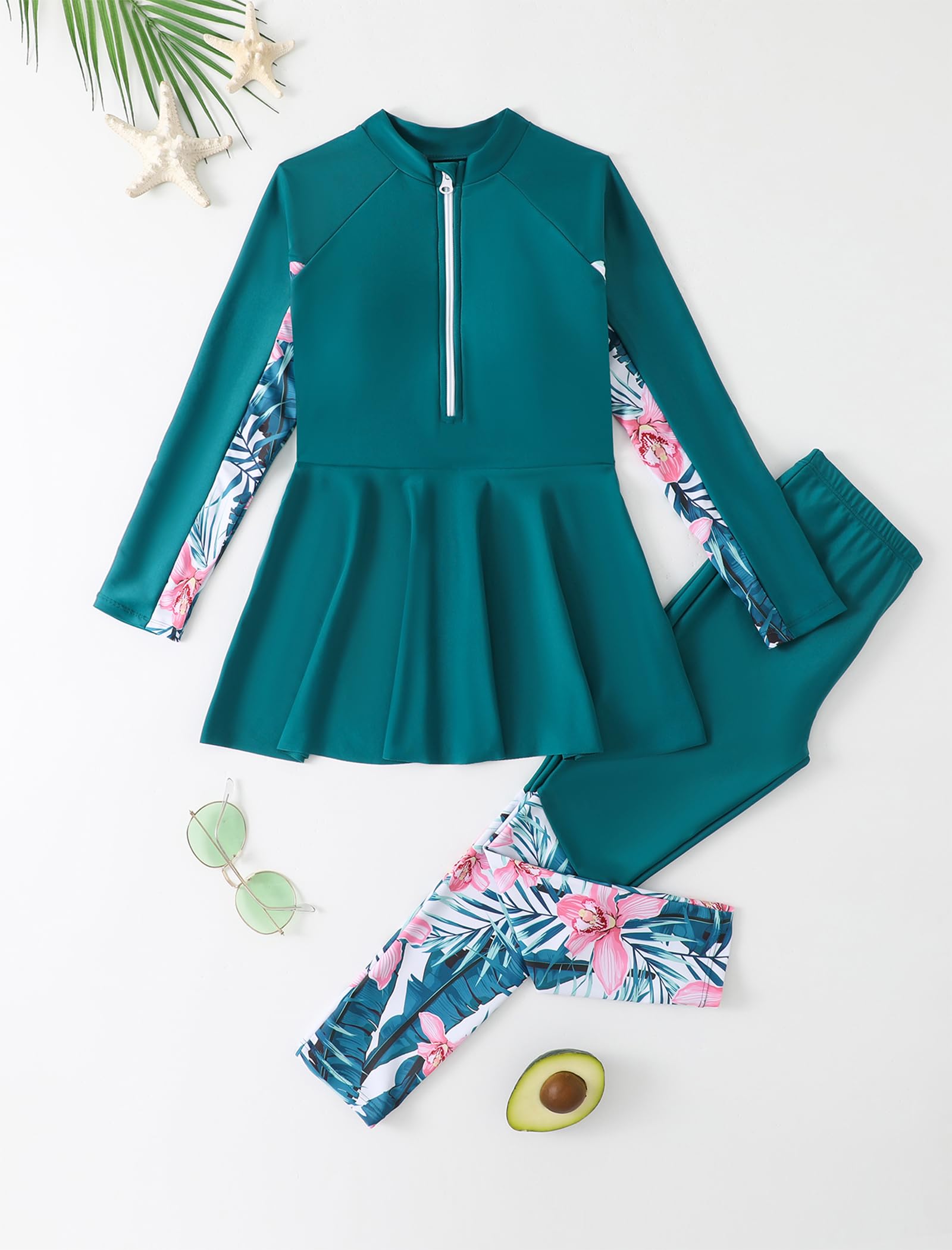 Odizli Maillot de bain burkini pour filles et enfants - Maillot de bain modeste à manches longues avec haut zippé et pantalon de bain musulman