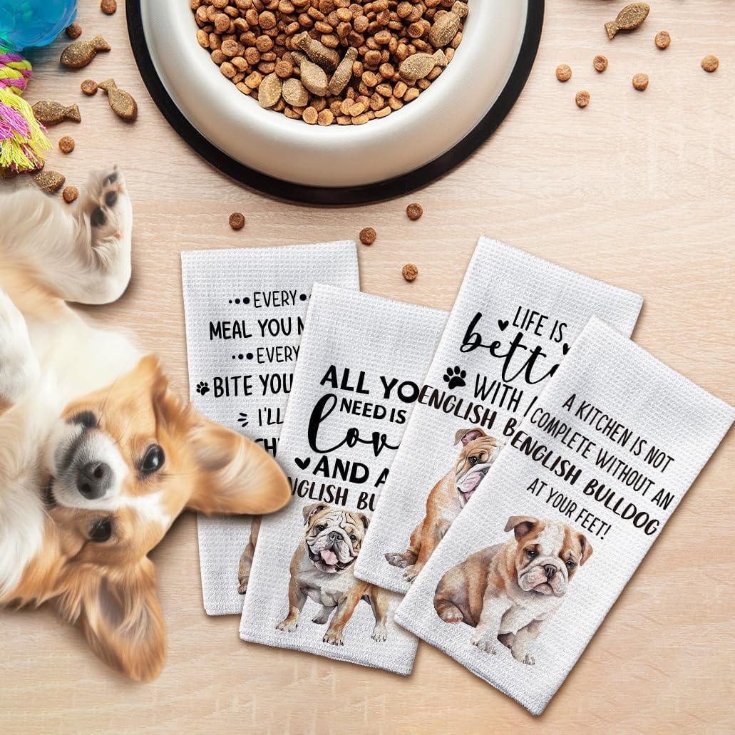 English Bulldog Gifts Kitchen Towels Set of 4, English Bulldog Gifts for Women, Dog Hand Towels, EnglishBulldog Dish Towels Tea Towels, Dog Kitchen Bathroom Decor, 16x24inch