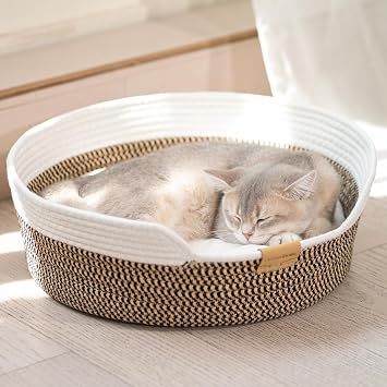CHEERHOME PETS Cat Bed Basket with Cushion, Cotton Rope Woven Pet Bed for Indoor Cats Couch, Stimulicat Cat Bed Handwoven Breathable, All Season Universal Brown