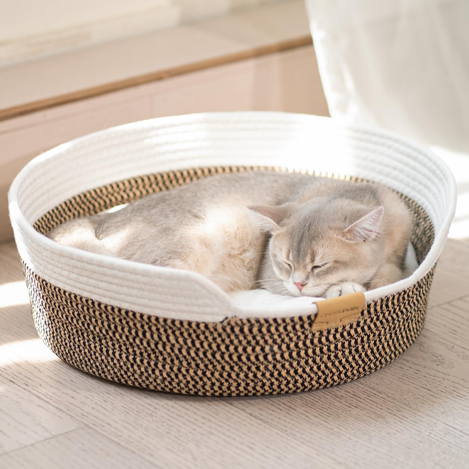 CheerPals Panier Chat Tressé en Corde, Lit pour Chat Respirant au Design Artisanal, Panier Rond et Douillet pour Toutes Saisons, Style Nordique, 47x47x15 cm