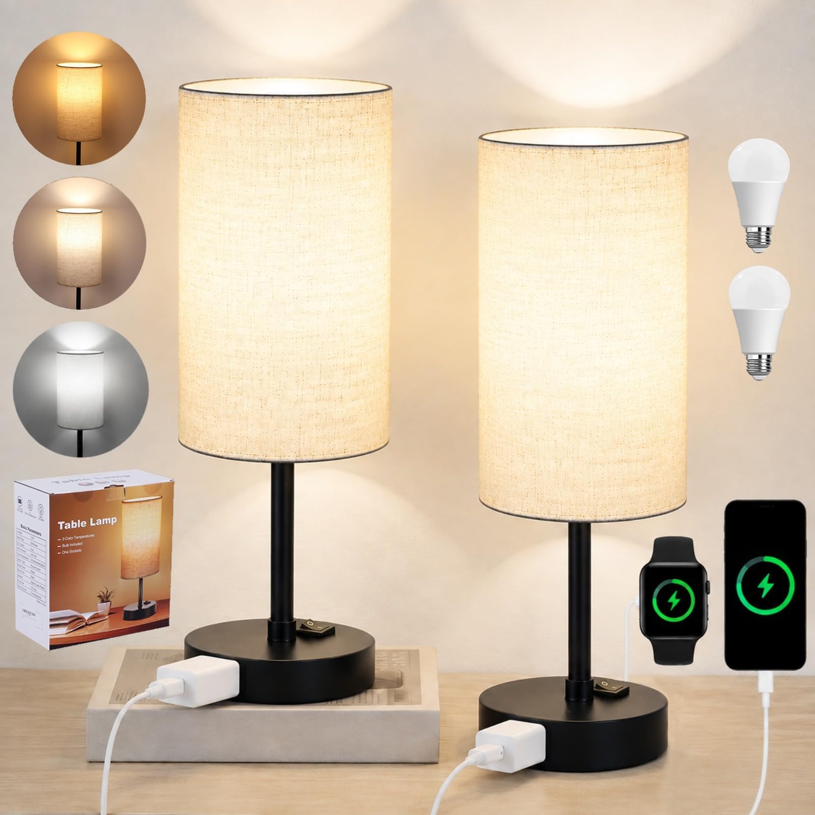 ZJOJO Table Lamp Set of 2, 13.8" Bedside Small Lamp for Bedroom Nightstand | E26 Bulbs,AC Outlet,3 Way Dimmable,Rocker Switch,Desk Lamp Flaxen Fabric Shade Black Base 2Pack Bedroom Living Room Dorm Lamp