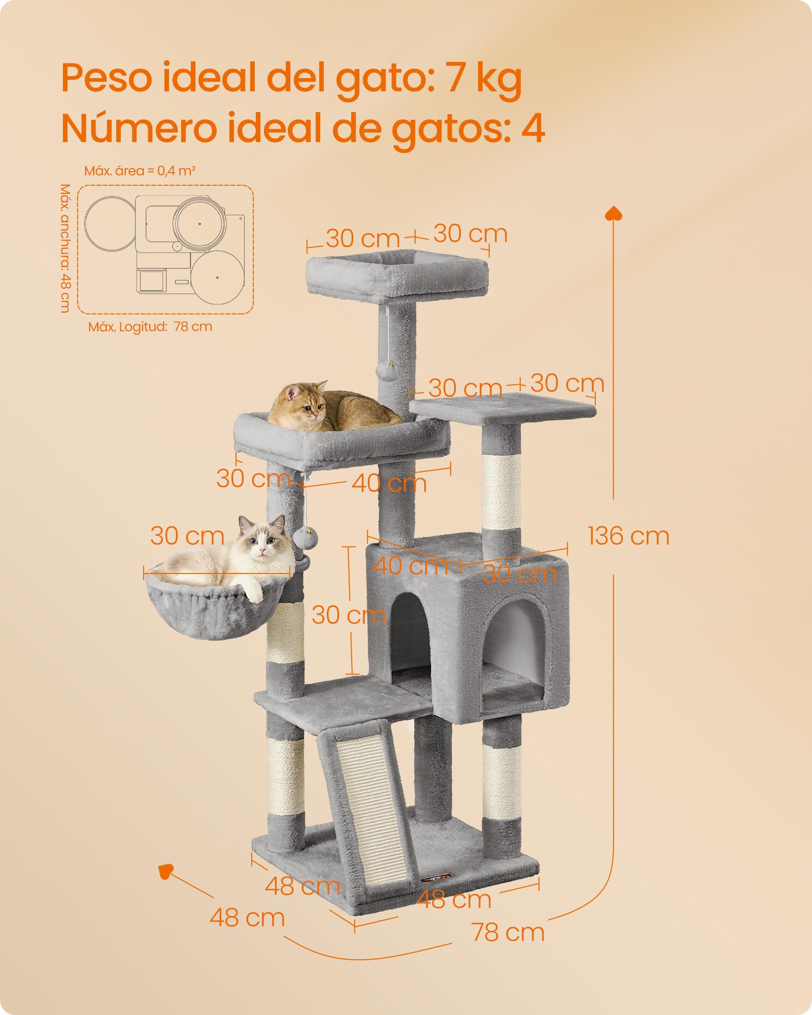 Feandrea Árbol para Gatos, Rascador de Gatos, Torre con Postes y Rampa Rascador, 3 Grandes Plataformas, 1 Cueva, 1 Hamaca, 2 Pompones, Altura 136 cm, Gris Paloma PCT012GD01