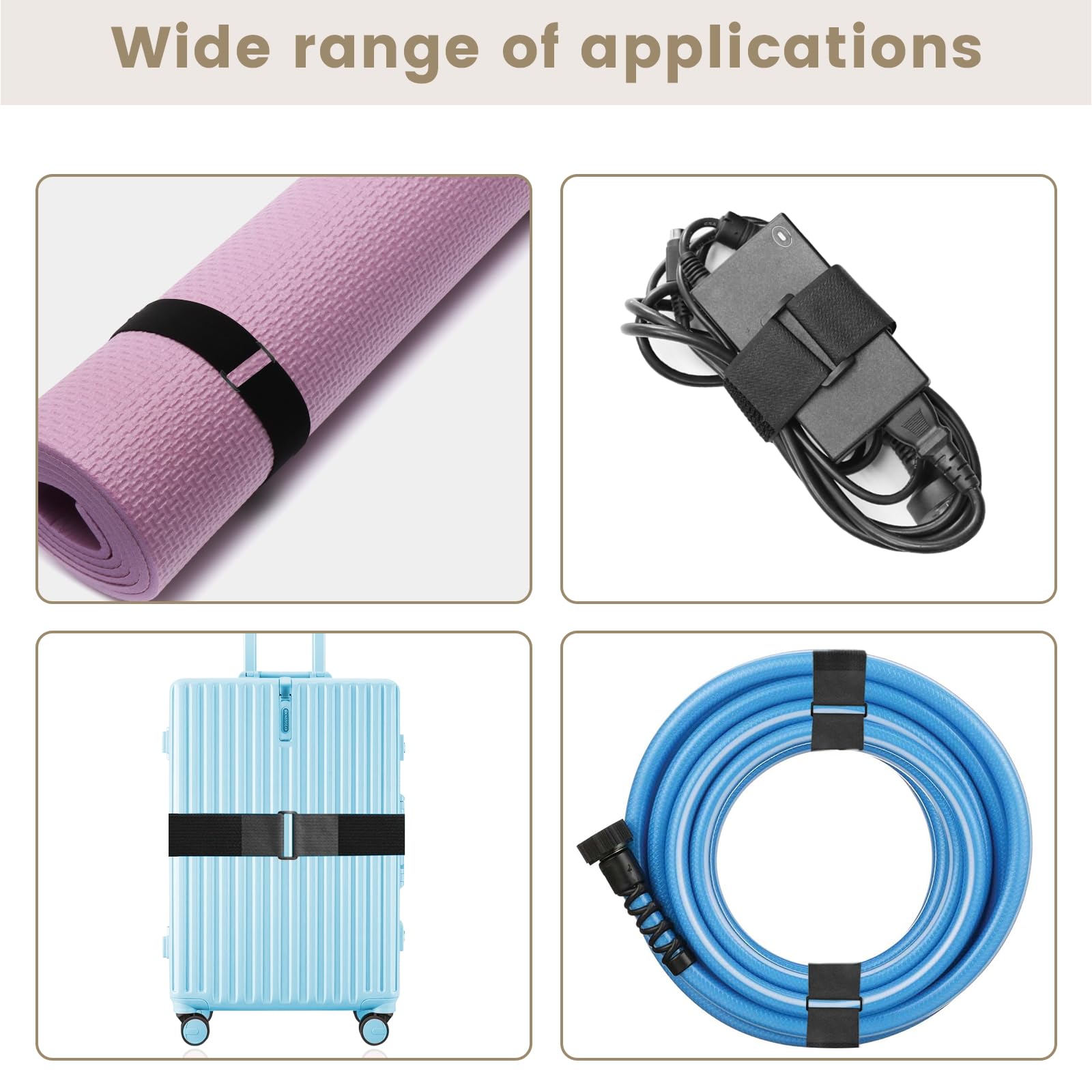 Attaches de câble réutilisables de 5 cm x 10 m avec 30 boucles, sangles réglables et robustes pour ranger les câbles, organiser des articles, attaches d'extérieur Noir