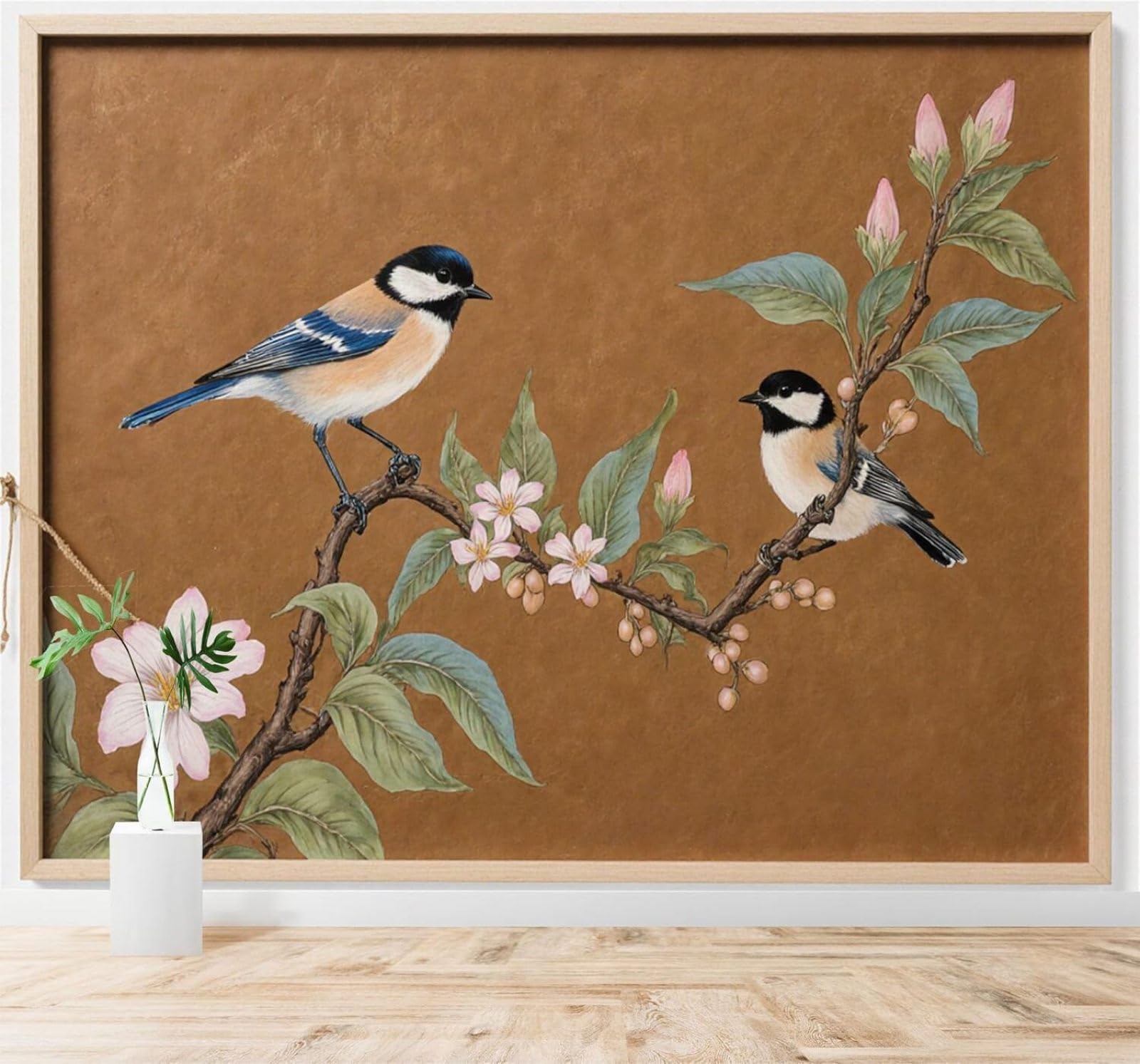 Xlming 350Cm×256Cm(B×H) Blue Birds Branches Green Leaves Flowers Brown Background 3D Wallpaper Premium Textured Silk Study Dining Living Room Bedroom Sofa Tv Wall Easy Install-350Cm×256Cm