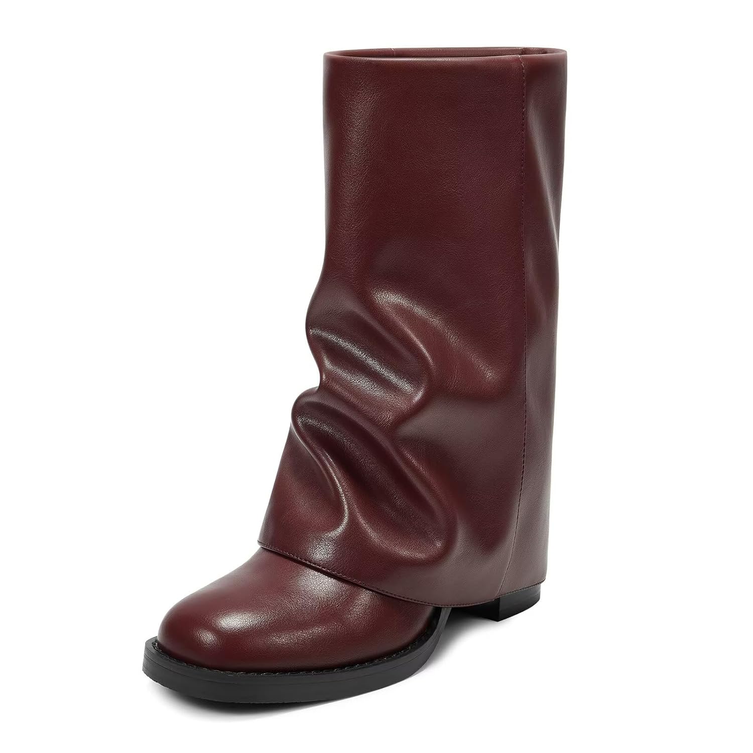 ISNOM Womens Black Boots - Mid Calf Fold Over Chunky High Heel Boots for Women With Side Zipper