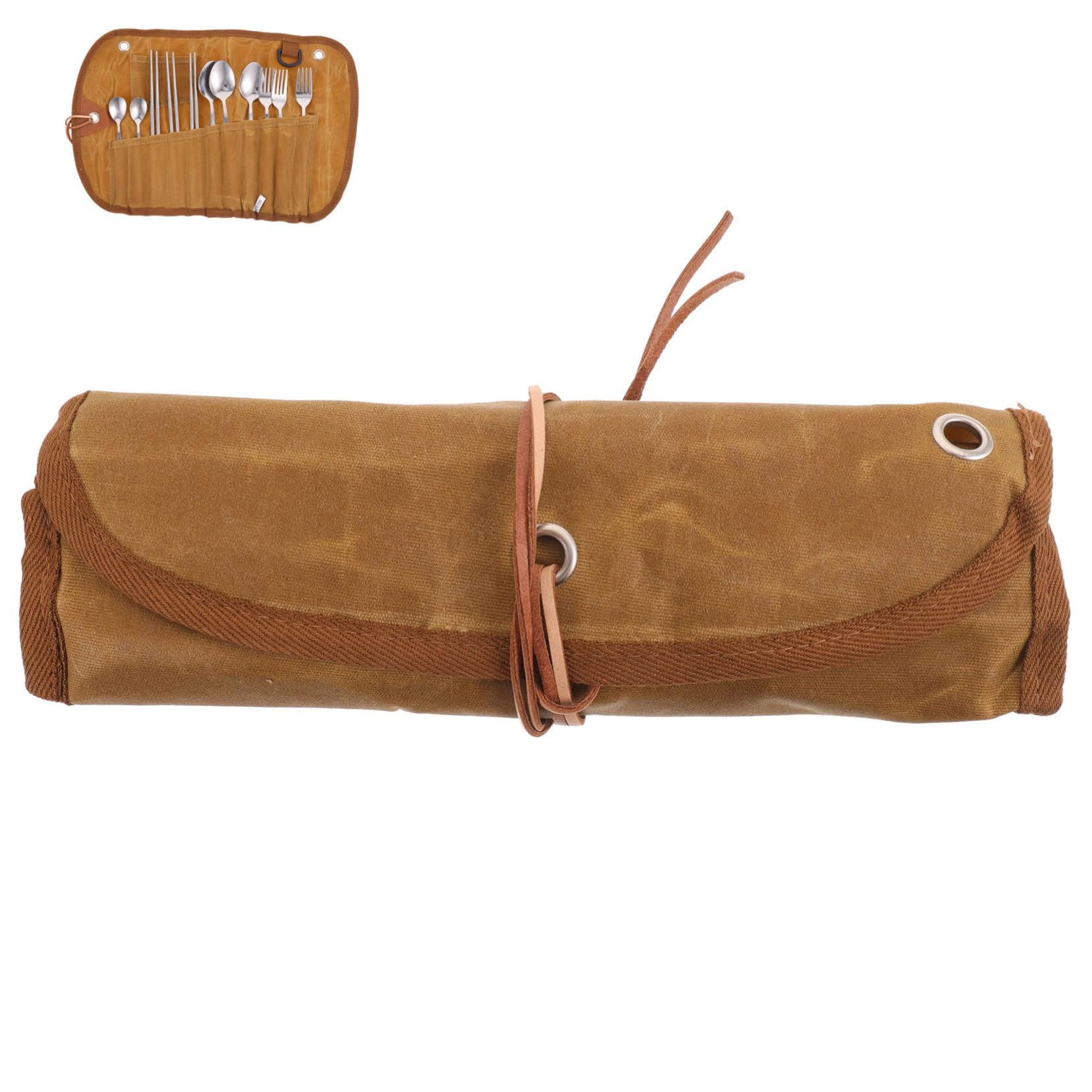 BESTonZON Campingbesteck Satz mit Tasche aus Canvas und Edelstahl Besteckset fürs Picknick mit Integriertem Fach zur Ordnung und Kratzschutz für Outdoor und Indoor