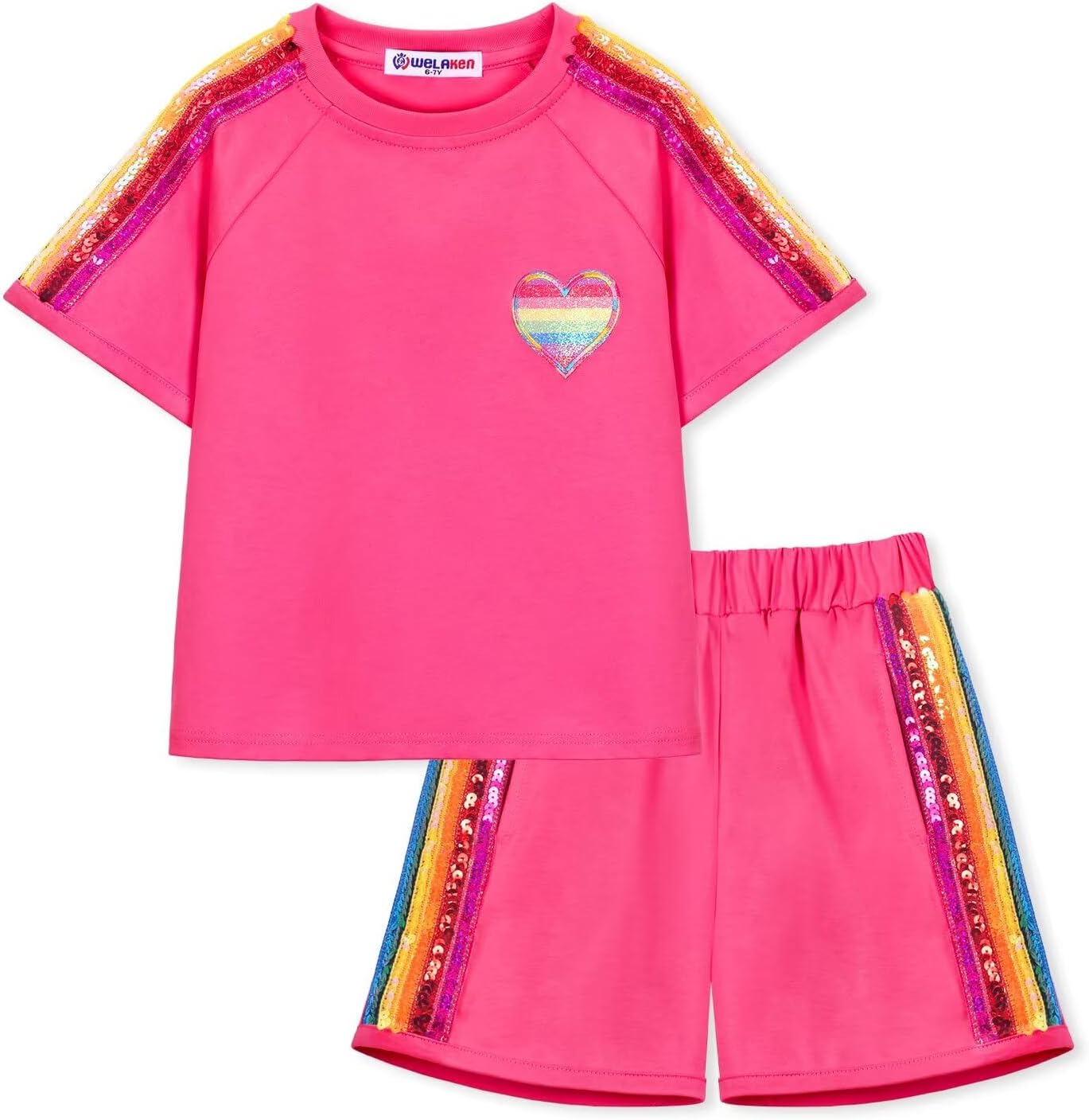 WELAKEN Girls 2 Piece Outfit Kid Toddler Heart & Rainbow Sequin Striped T-shirt and Shorts Clothing Set