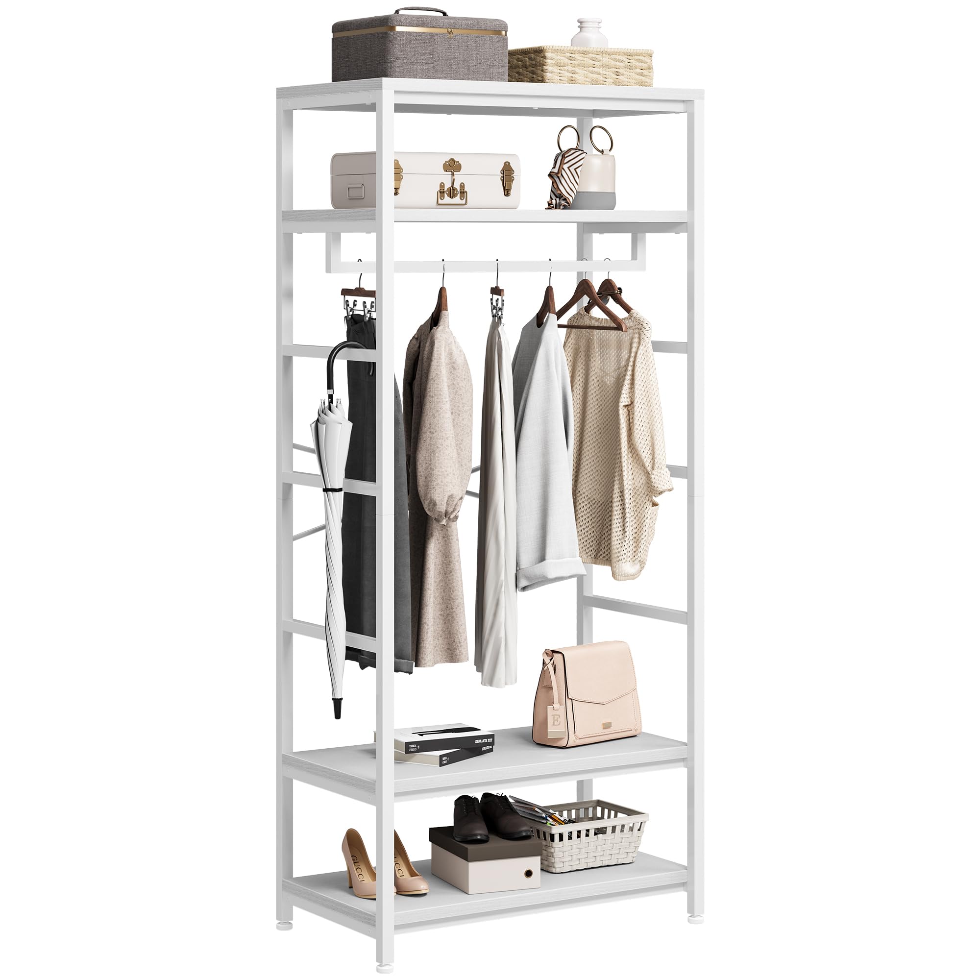 YITAHOME Appendiabiti con Portascarpe, Attaccapanni da Pavimento con 4 Ripiani, Porta Abiti Industriale, Scaffale per Abbigliamento, per Ingresso Corridoio Soggiorno, Bianco