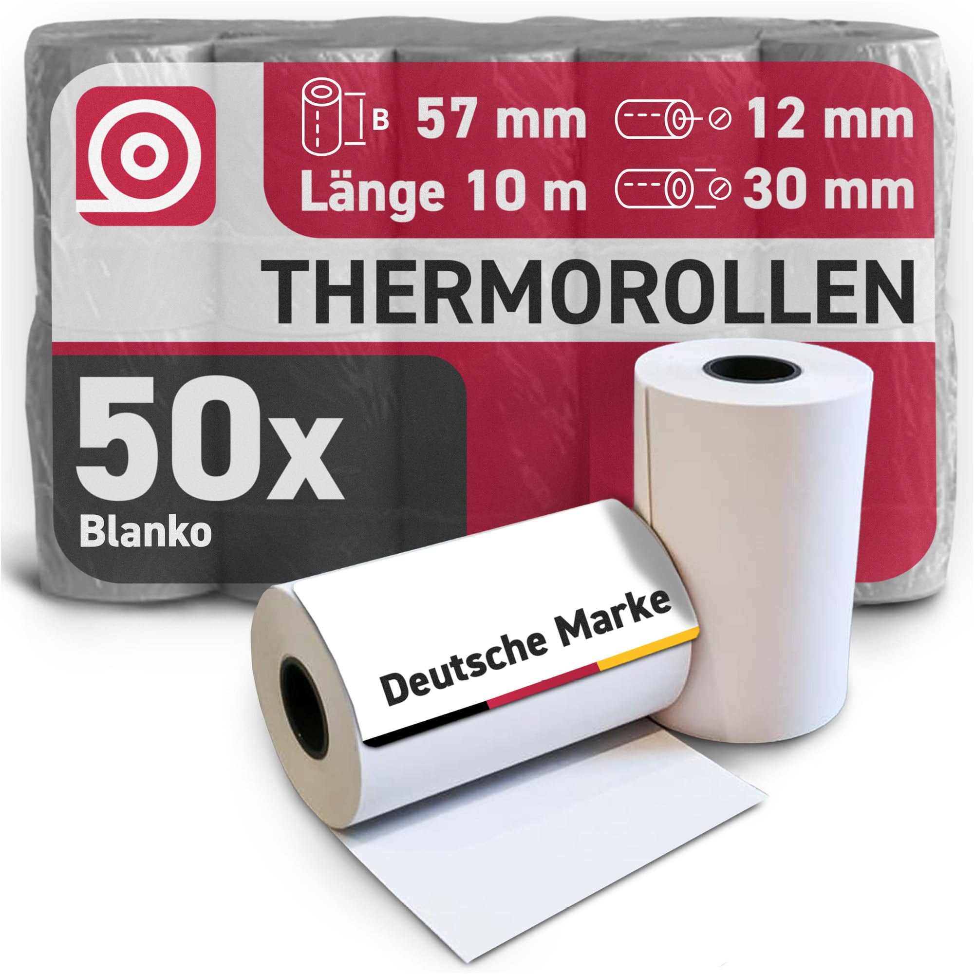 Thermorollen 57 mm x 10m x 12 mm mit 55g/m² – phenolfreies Thermopapier – 50 Kassenrollen mit ⌀ 30 mm – für EC-Cash & Kassenbondrucker