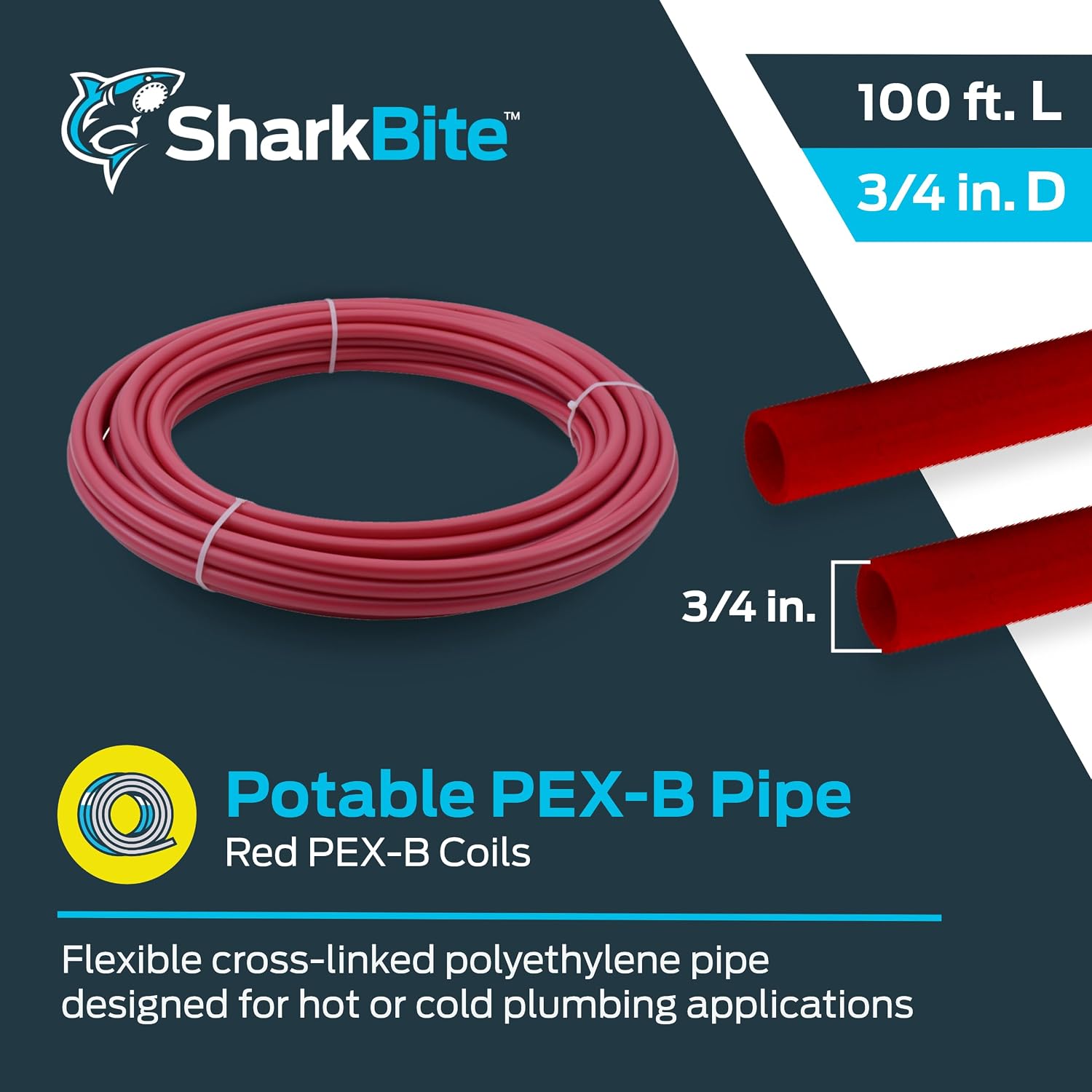 SharkBite 3/4 Inch x 100 Feet Red PEX-B, PEX Pipe Flexible Water Tubing for Plumbing, U870R100