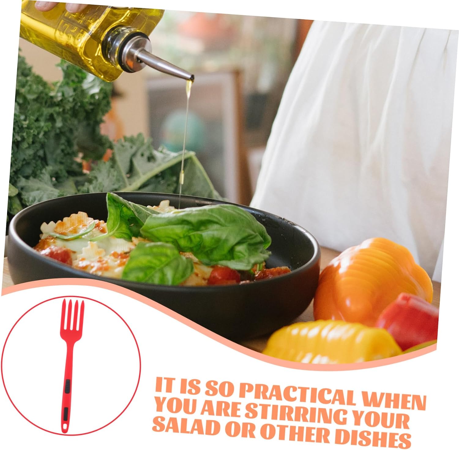 SOLUSTRE Silicone Large Kitchen Cooking Fork Non Scratch Reusable Pasta Server with Ergonomic Long Handle for Family Restaurant Camping Use Bright Red