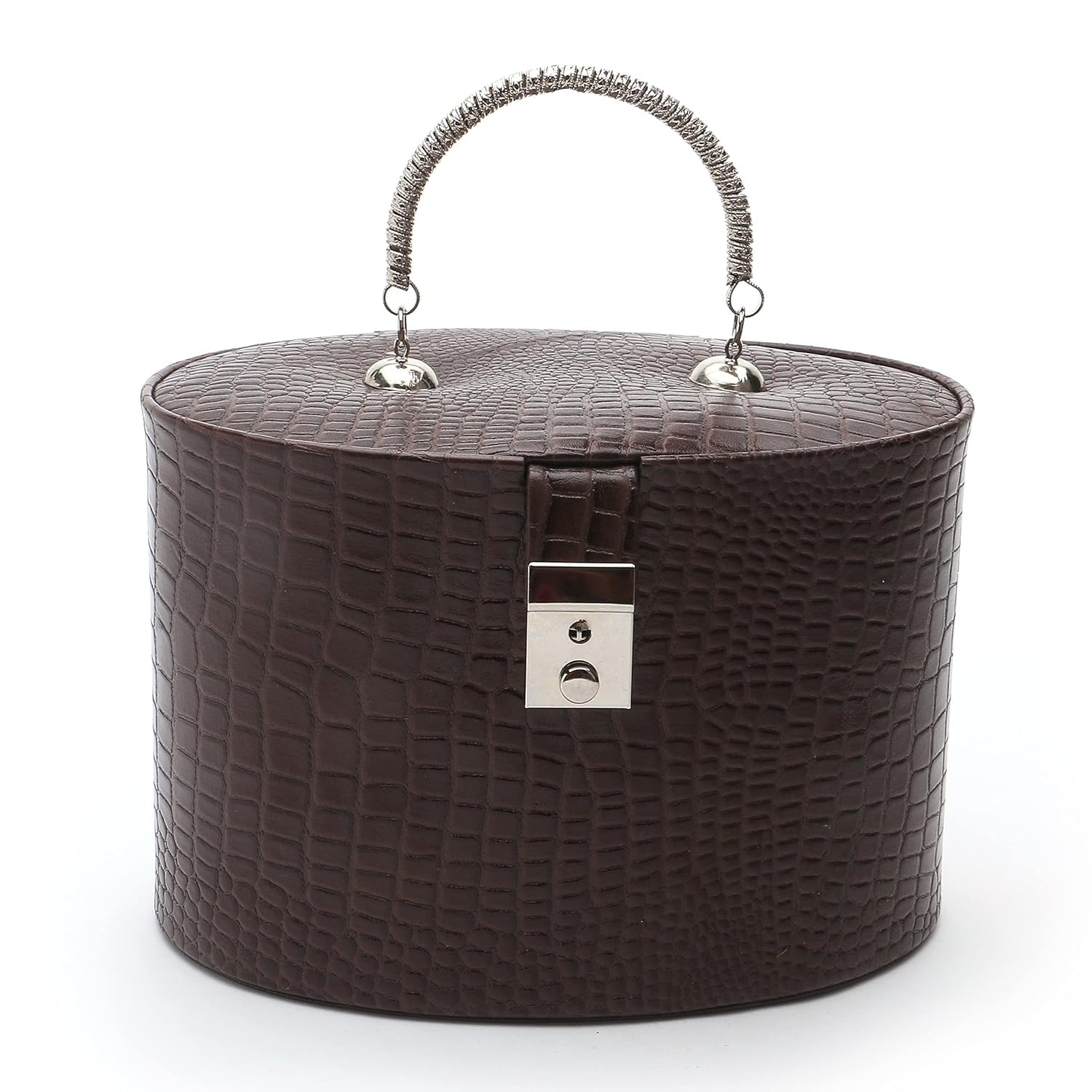 Red Cherry Luxury Croc Pattern Cosmetic Case, Brown Leather Travel Makeup Box with Mirror, Jewellery Organiser with Lock-image-12