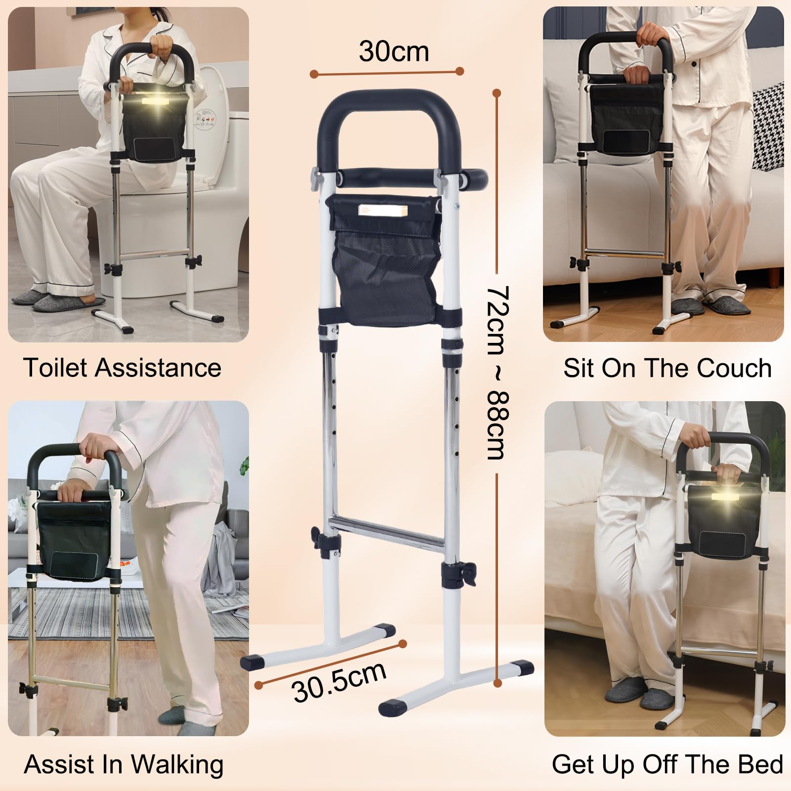 Aide à la Marche pour Personnes Âgées, Hauteur Réglable sur 5 Niveaux, Aide à la Verticalisation pour Lit/Canapé/Toilettes, avec Poche et Capteur Lumineux, Capacité de Charge Maximale 150 kg