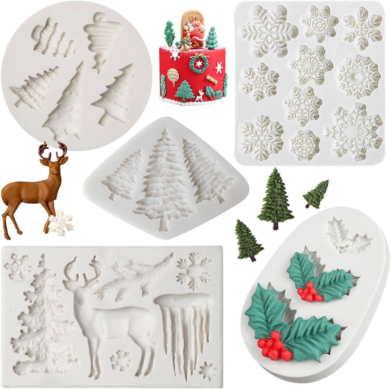 Christmas Fondant Mold Set of 5 Pieces- 3D Snowflake, Christmas Tree, Reindeer, Holly Leaf, Cupcake Topper for Cake Decorating Tools