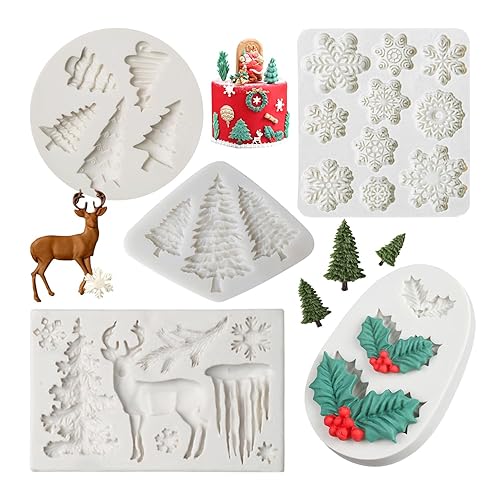 Christmas Fondant Mold Set of 5 Pieces- 3D Snowflake, Christmas Tree, Reindeer, Holly Leaf, Cupcake Topper for Cake Decorating Tools