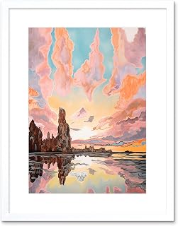 Artery8 Atmospheric Cloud Sunrise Reflections Mono Lake Pastel Pink Colour Modern Watercolour Painting Artwork Framed Wall Art Print 9X7 Inch