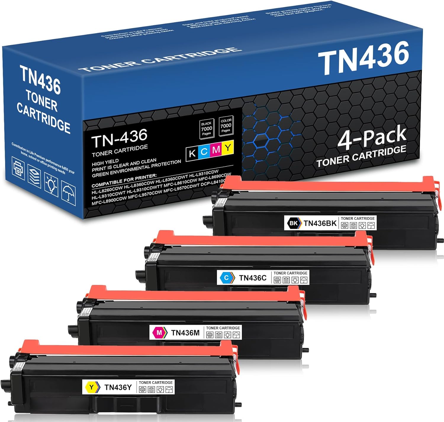 TN-436 Toner Compatible 4-Pack TN436 Super High Yield Toner Cartridge Set Replacement for Brother TN436 Toner Cartridge Set MFC-L8900CDW MFC-L8610CDW HL-L8360CDW HL-L8260CDW Printer(TN436 BK/C/M/Y)