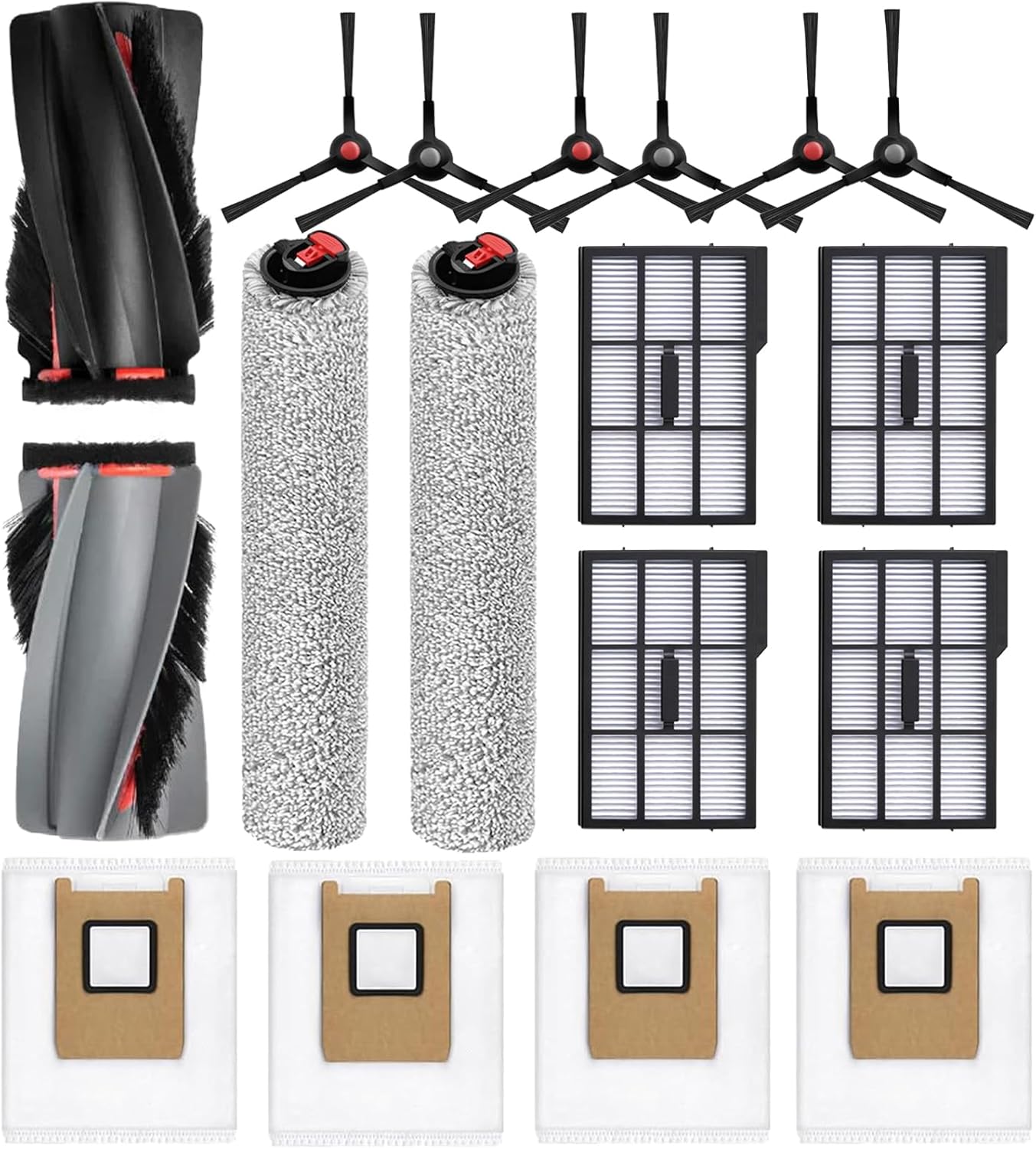 17-Pack Replacement Parts Kit Compatible with eufy E28 Omni / E25 Omni Robot Vacuum Cleaner – Includes Main Brush, Roller Mops, Side Brushes, HEPA Filters & Dust Bags