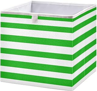 Kigai Cube Storage Basket 11x11x11 Inch, Collapsible Fabric Storage Bin | Decorative Cube Organizer Bins for Closet Shelves, Bedroom, Nursery & Office, Holds Clothes, Books, Green White Stripes