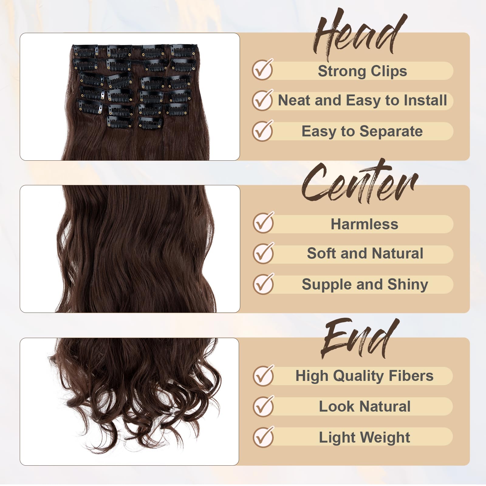 Benehair 22" Clip in Hair Extensions 12 Pcs Long Curly Wave Hair Extensions Clip in Full Head Synthetic Fiber Natural Brown Hair Piece for Women Girls(Natural Brown - Image 4