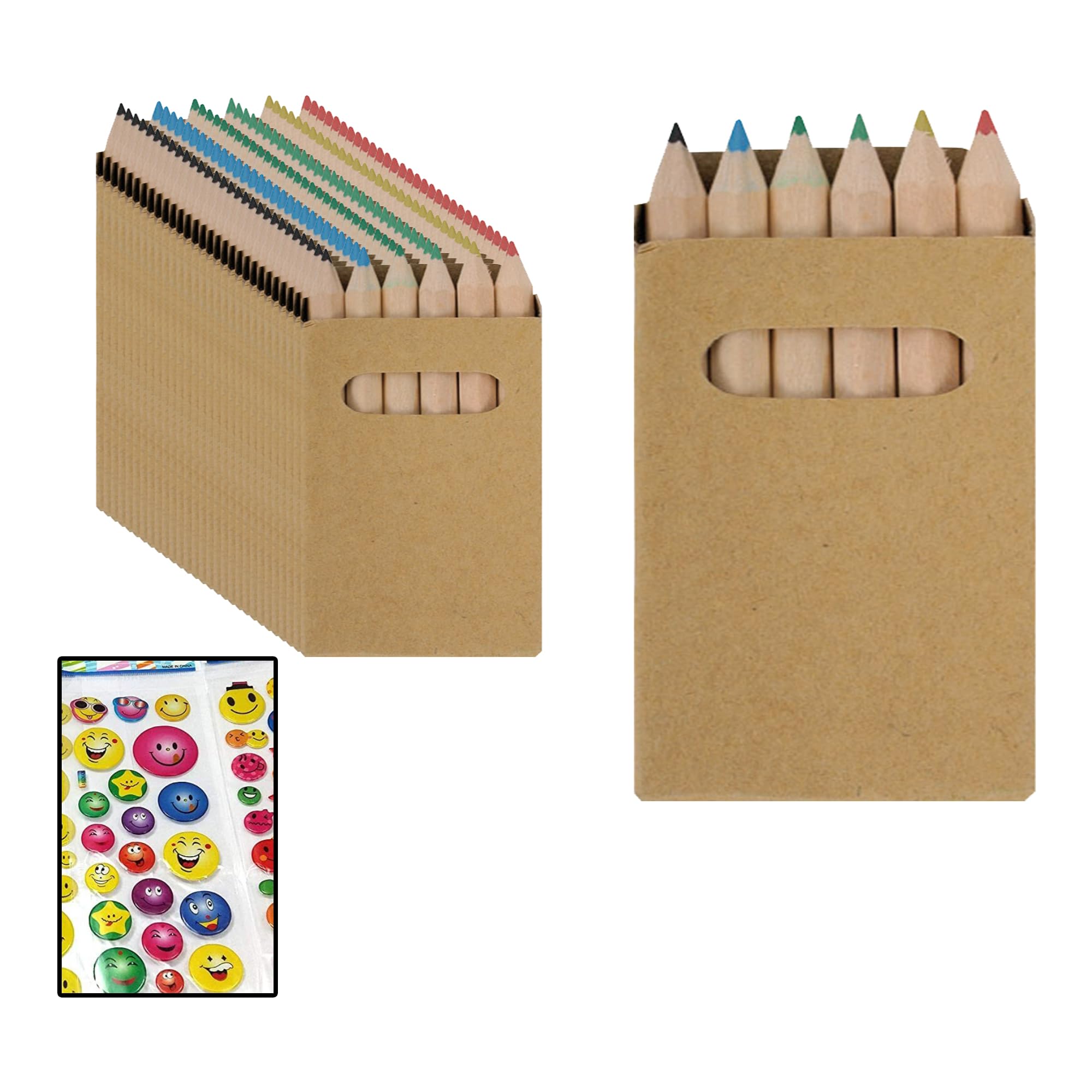 25 Cajas de 6 Mini Lápices de Colores. No Tóxicos. Cajas Kraft Lisas. Incluye 2 Hojas de Stickers