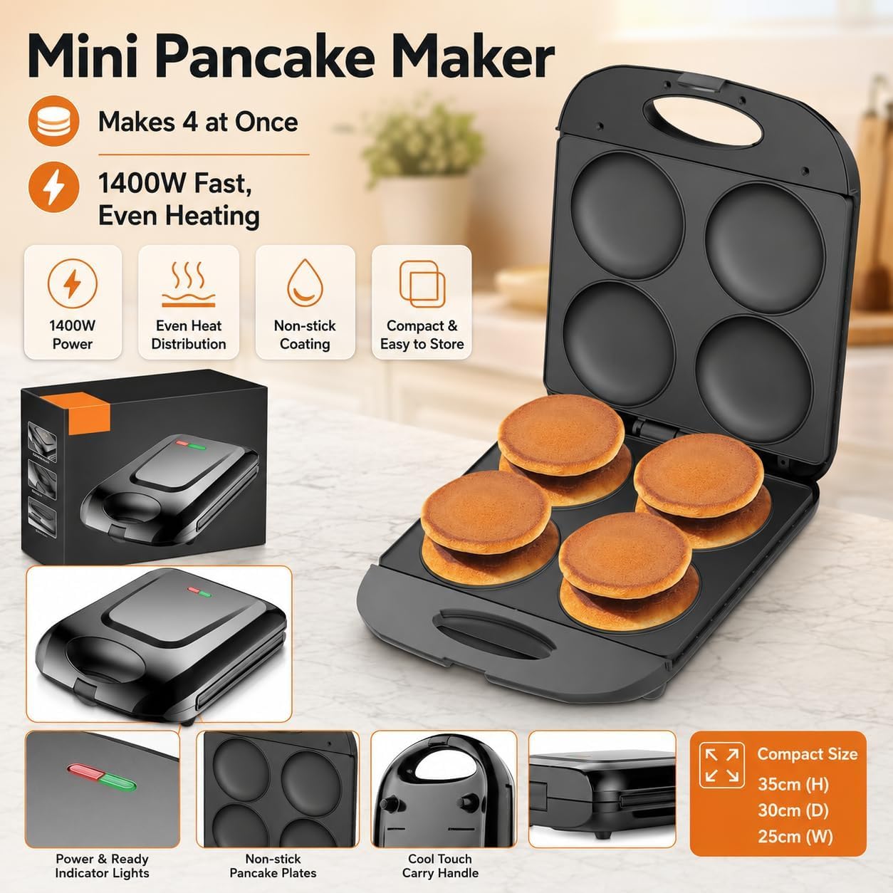 Mini padella per pancake, 1400 W Electric Arepa Maker con superficie antiaderente, teglia antiaderente per preparare 4 Flapjack unico, per cucinare uova fritte sane Frittata di burger