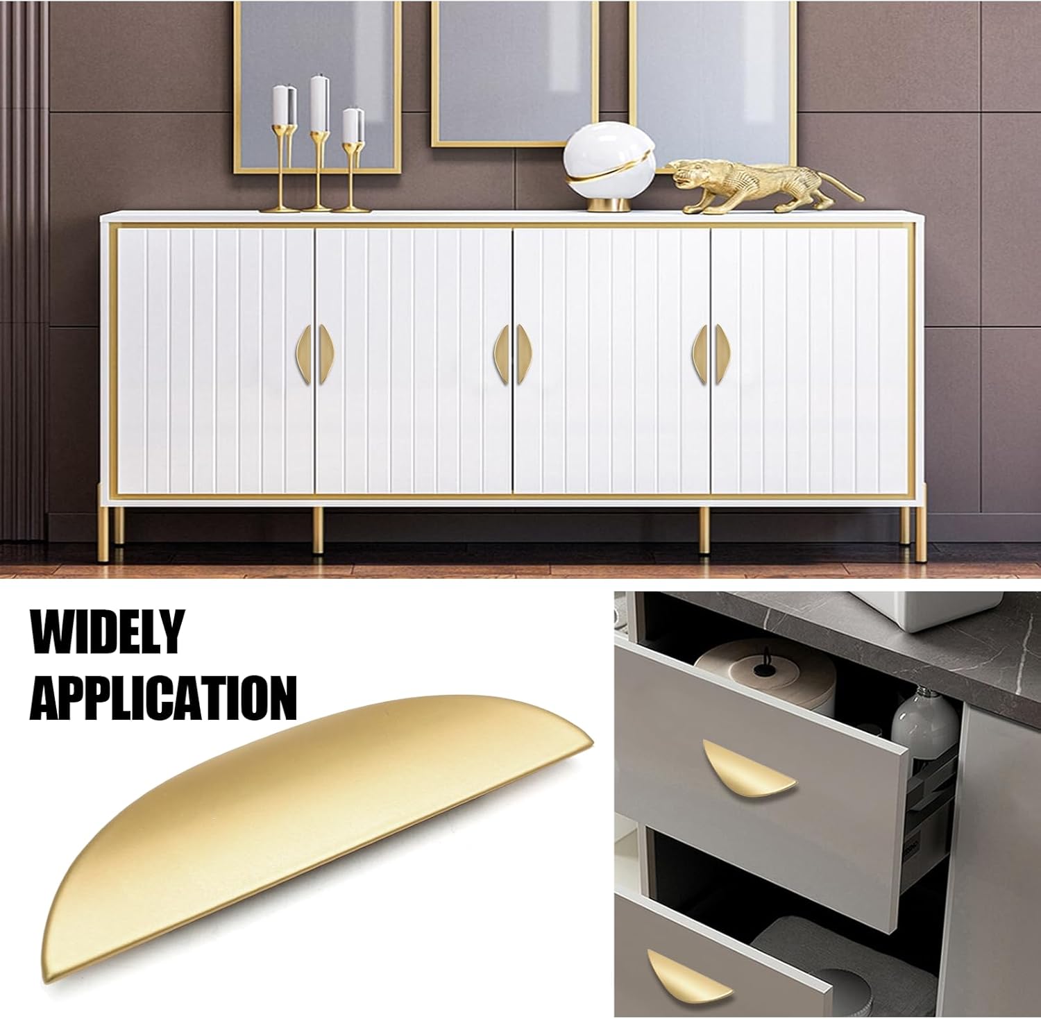 Zorfeter Crescent Brushed Gold Cabinet Pulls, 2-1/2 Inch (64MM) Hole Centers Stylish Half Moon Drawer Pulls Semicircle Durable Kitchen Hardware for Cupboards, Drawers, Pack of 4