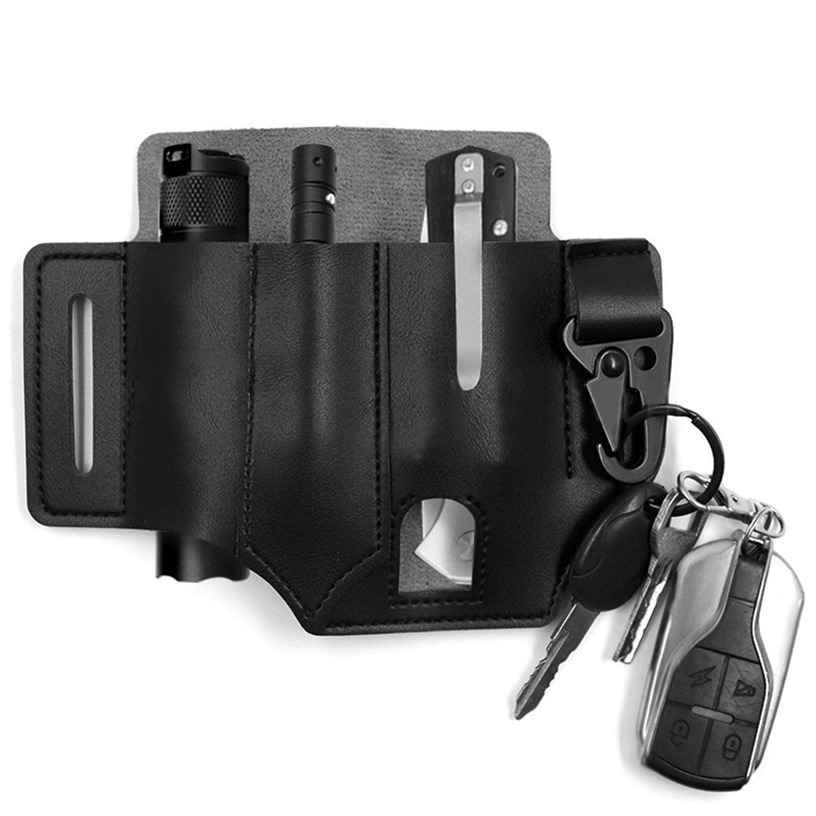 GORGECRAFT Leather EDC Pocket Organizer for Men Leatherman Pen Holder Sheath Key Fob Flashlight Sheath Holster EDC Leather Pouch Multitool Sheath for Belt（Black）