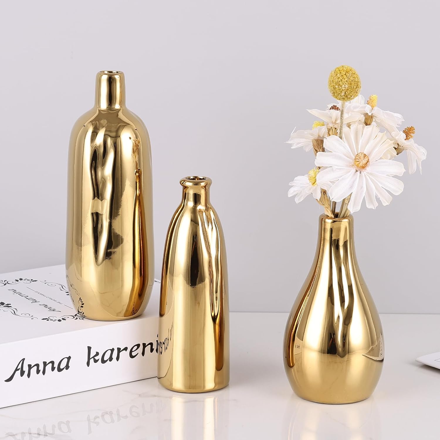 Glossy Gold Mini Ceramic Vase Set of 3, Small Ceramic Vase Set for Decorative, Bud Vases for Centerpieces Nightstand Kitchen, Boho Farmhouse Home Coffee Table Tray Decor