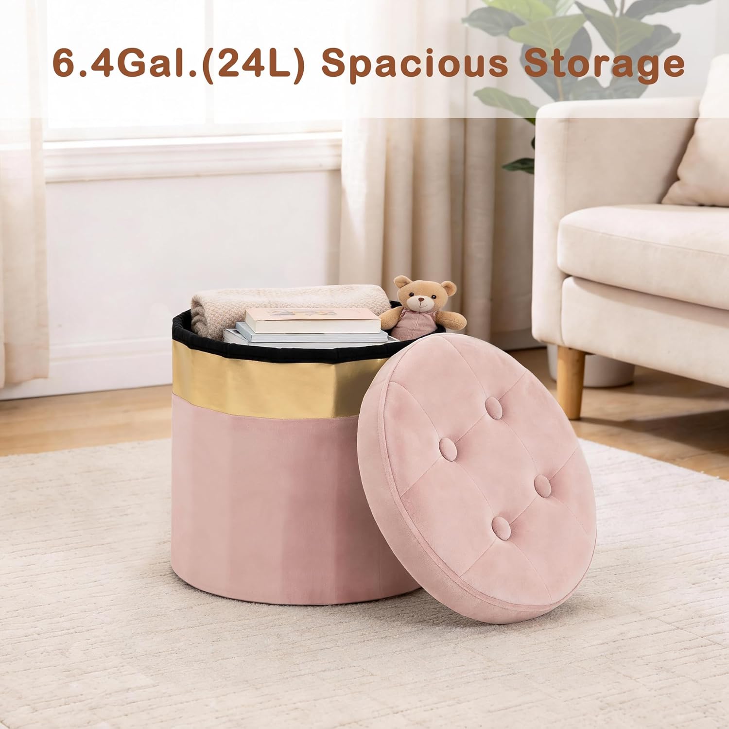 xuperbonus Small Ottoman with Storage,Folding Round Ottoman with Gold Trim,Velvet Storage Stool,Foot Stool with Soft Padded,Foot Rest for Living Room13“x13”x12.4(Pink,1pcs)