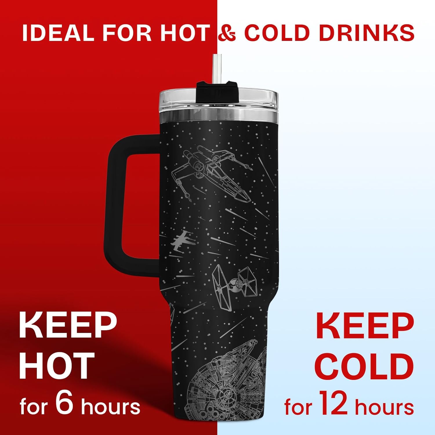 34HD Space Galaxy Tumbler 40oz with Handle and Straw, Sci-Fi Falcon Star Insulated Coffee Cup, Bookworm Gifts for Men & Women - Birthday Present to Him Her & Movie Lovers - Image 5