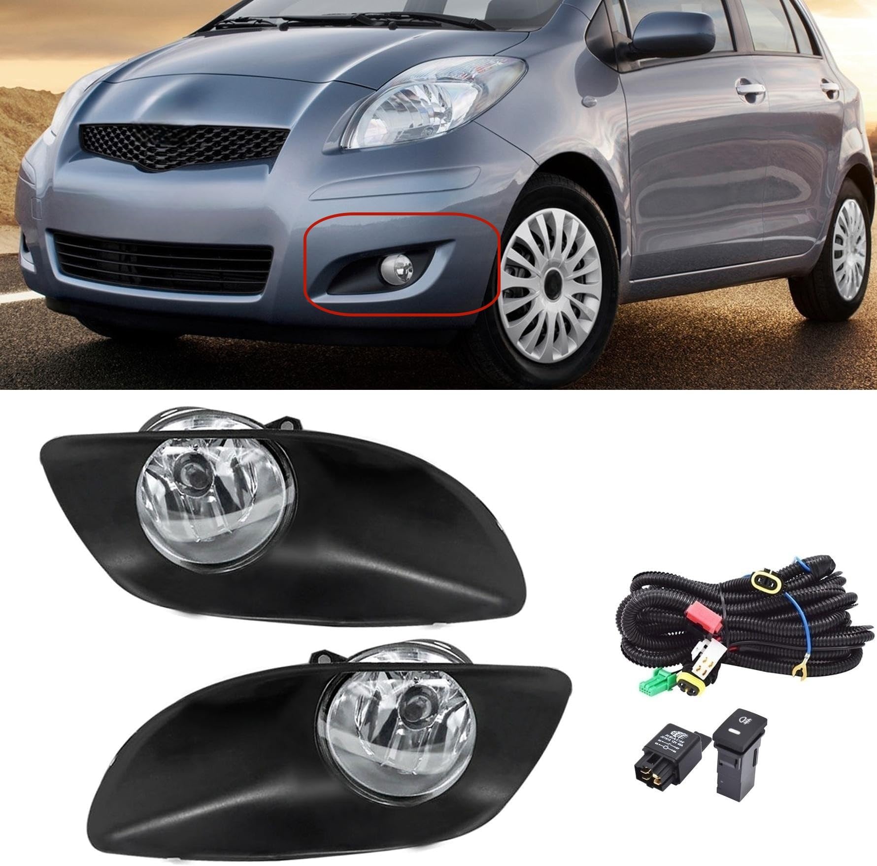 munirater 1Pair of Fog Lights RH & LH Replacement for 2007-2011 Yaris 4Door Clear Fog Lamps +Switch Kit