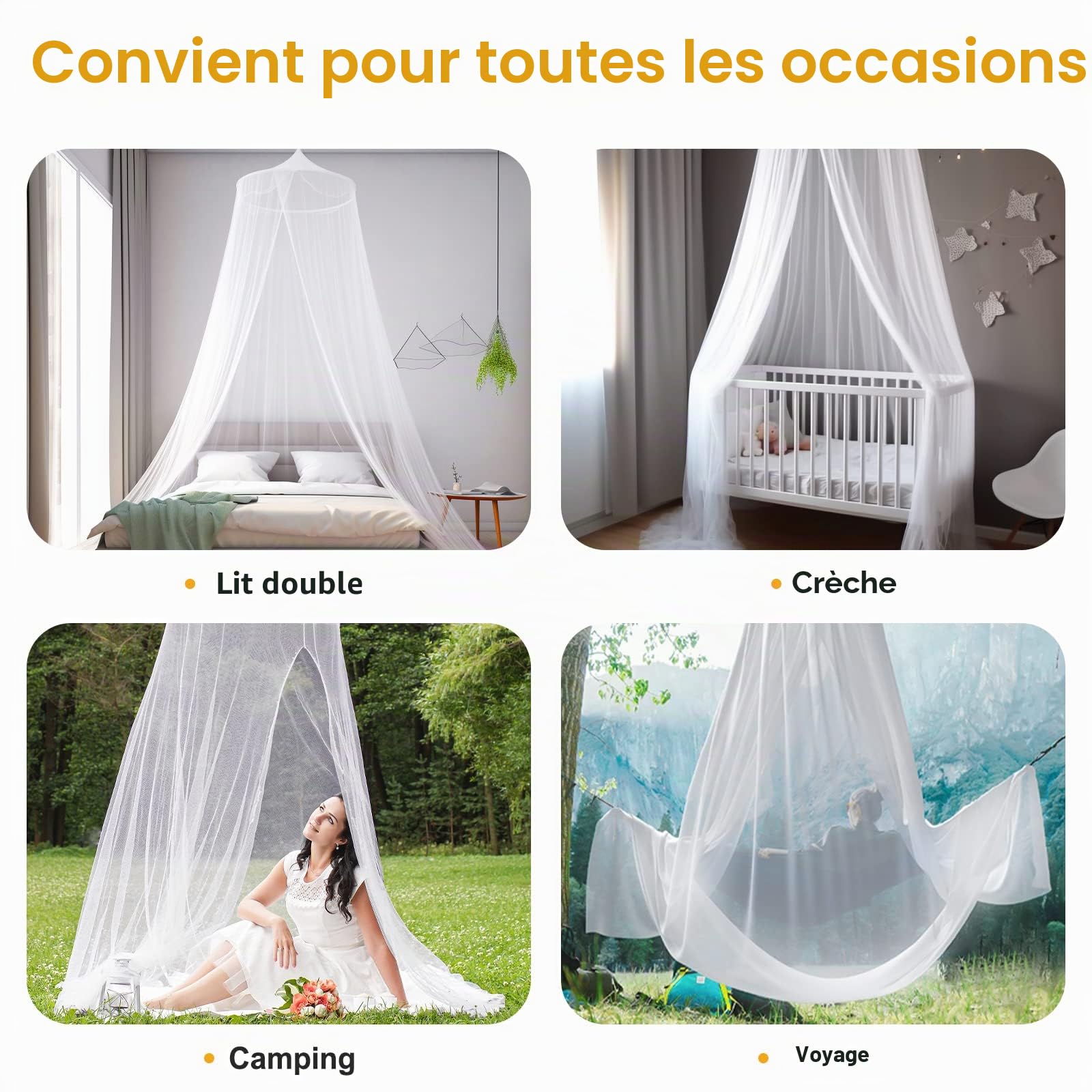 moustiquaire pour lits doubles et simples, grande moustiquaire de voyage, mailles fines pour protection contre les moustiques