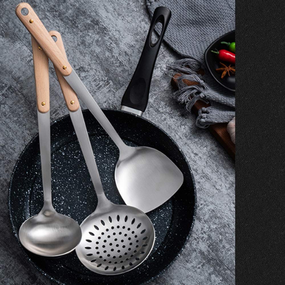 Espátula para el hogar, mango de madera, espátula de cocina de acero inoxidable antiescaldado, cuchara de sopa, cuchara ranurada